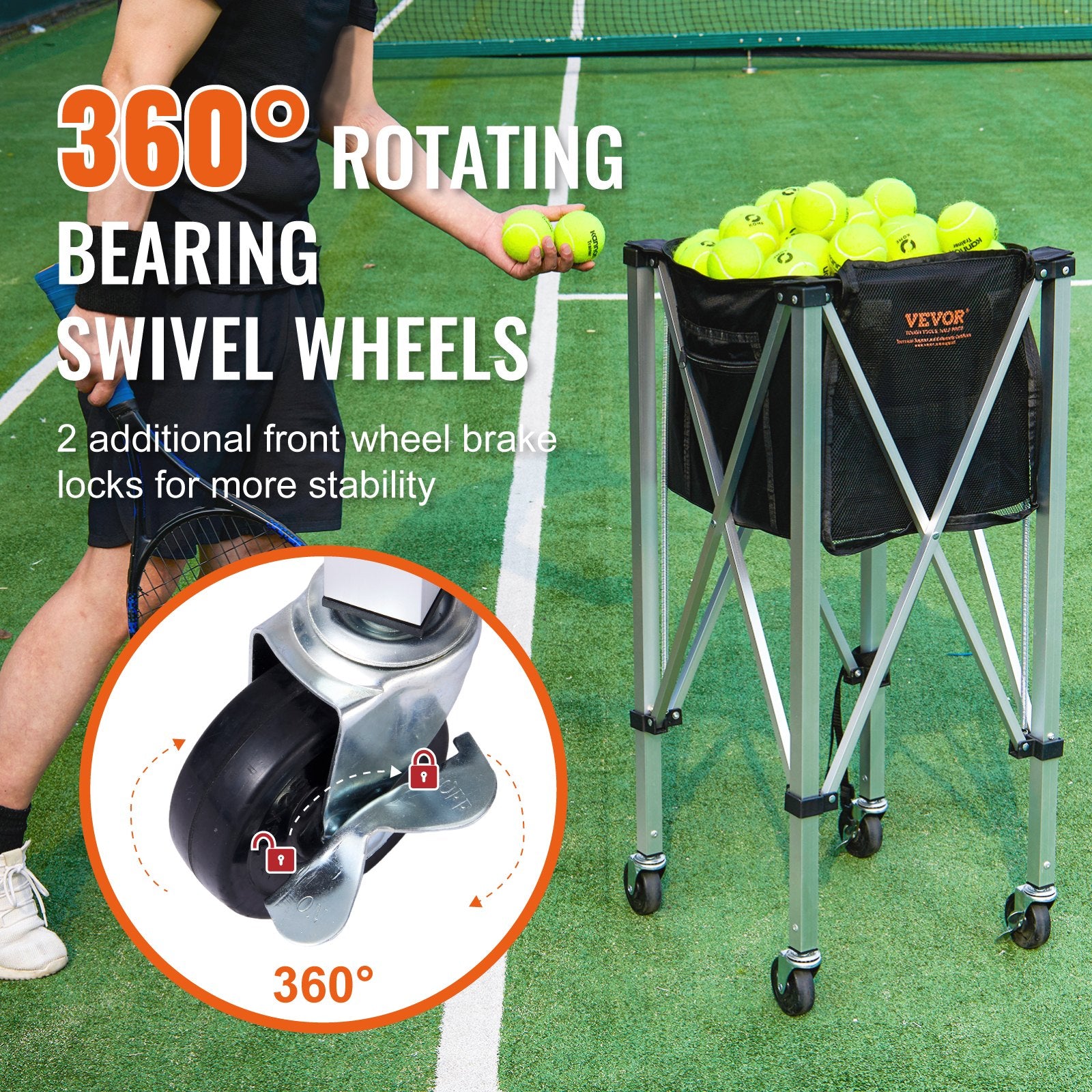 Foldable Tennis Ball Hopper 180 Balls Aluminum Alloy Basket Cart with Wheels