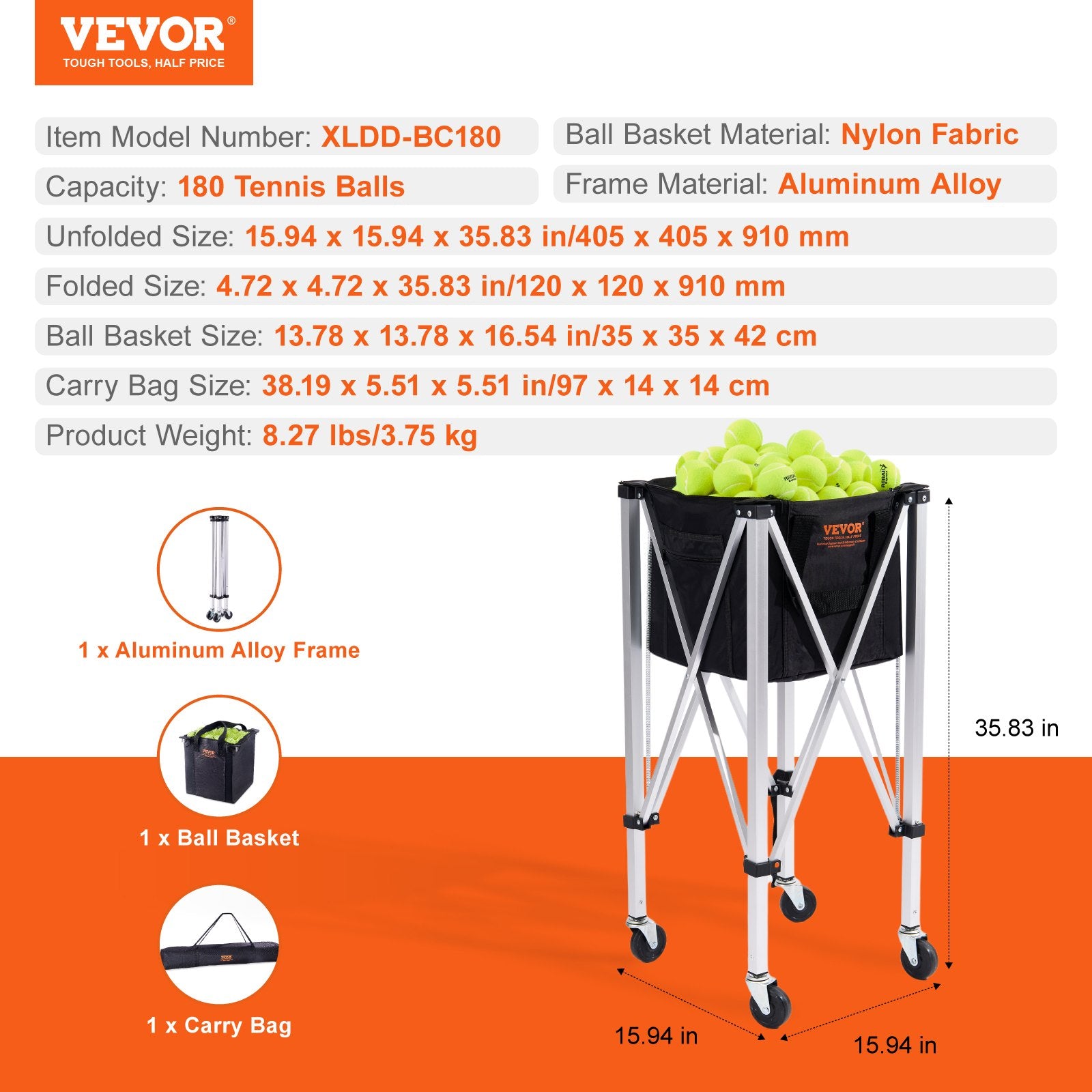 Foldable Tennis Ball Hopper 180 Balls Aluminum Alloy Basket Cart with Wheels