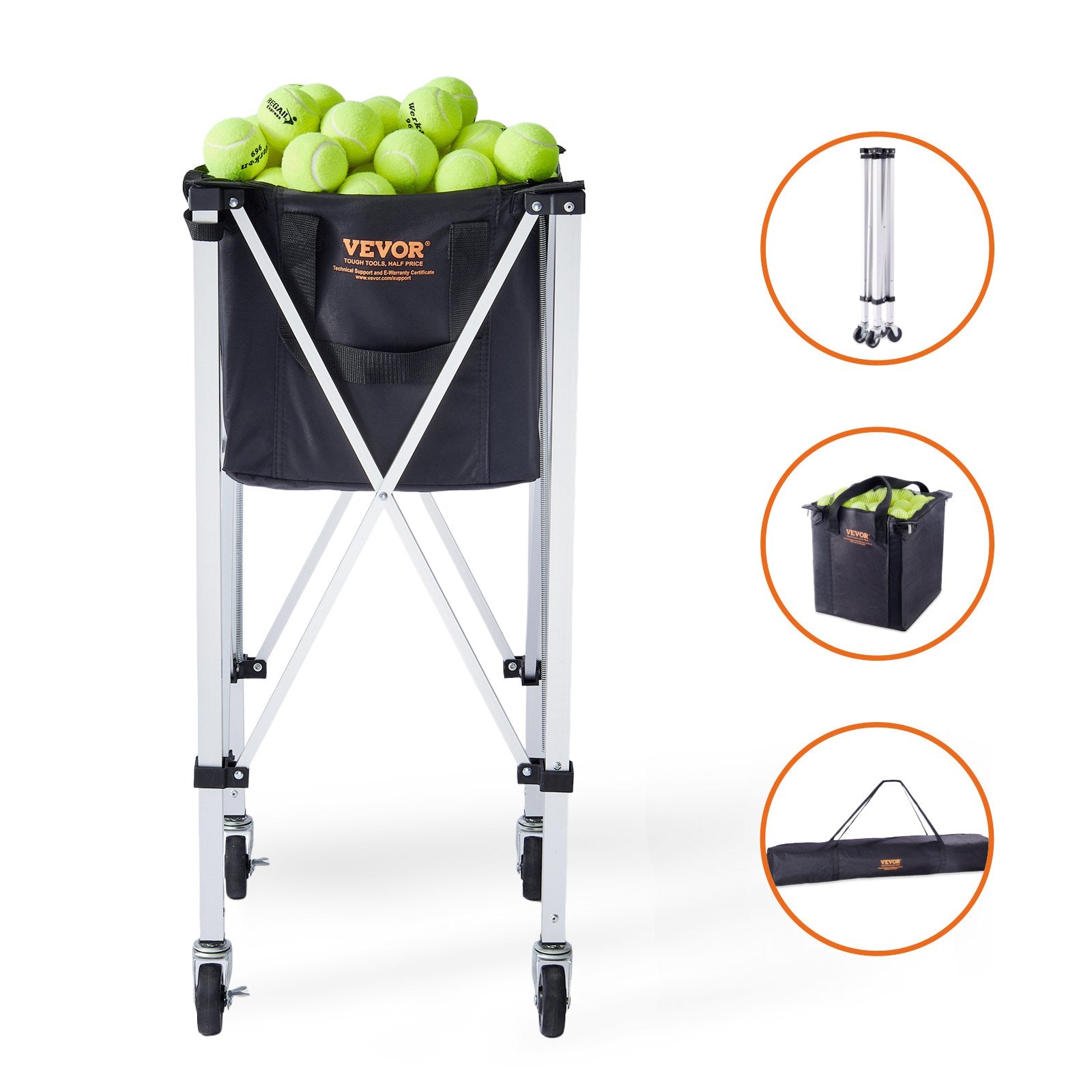 Foldable Tennis Ball Hopper 180 Balls Aluminum Alloy Basket Cart with Wheels