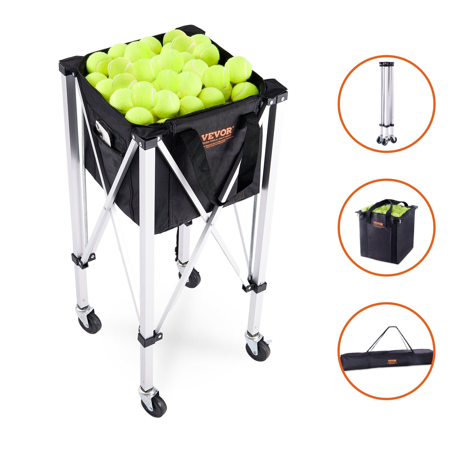 Foldable Tennis Ball Hopper 180 Balls Aluminum Alloy Basket Cart with Wheels