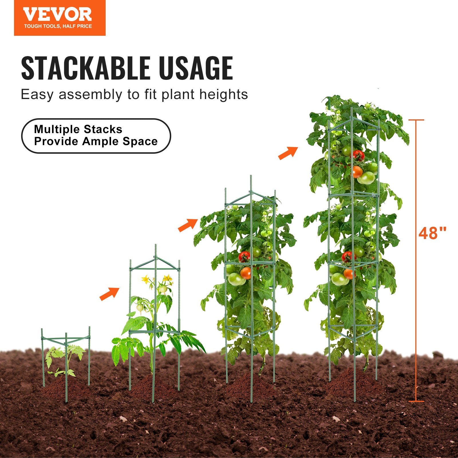 Tomato Cages 6 Packs Stackable 1230mm Trellis Plant Stakes Support for Garden