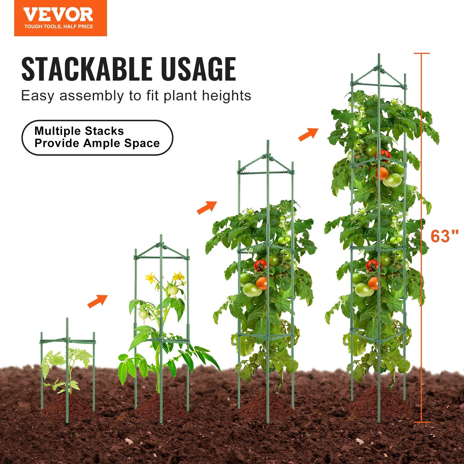 Tomato Cages 4 Packs Stackable 1620mm Trellis Plant Stakes Support for Gardens