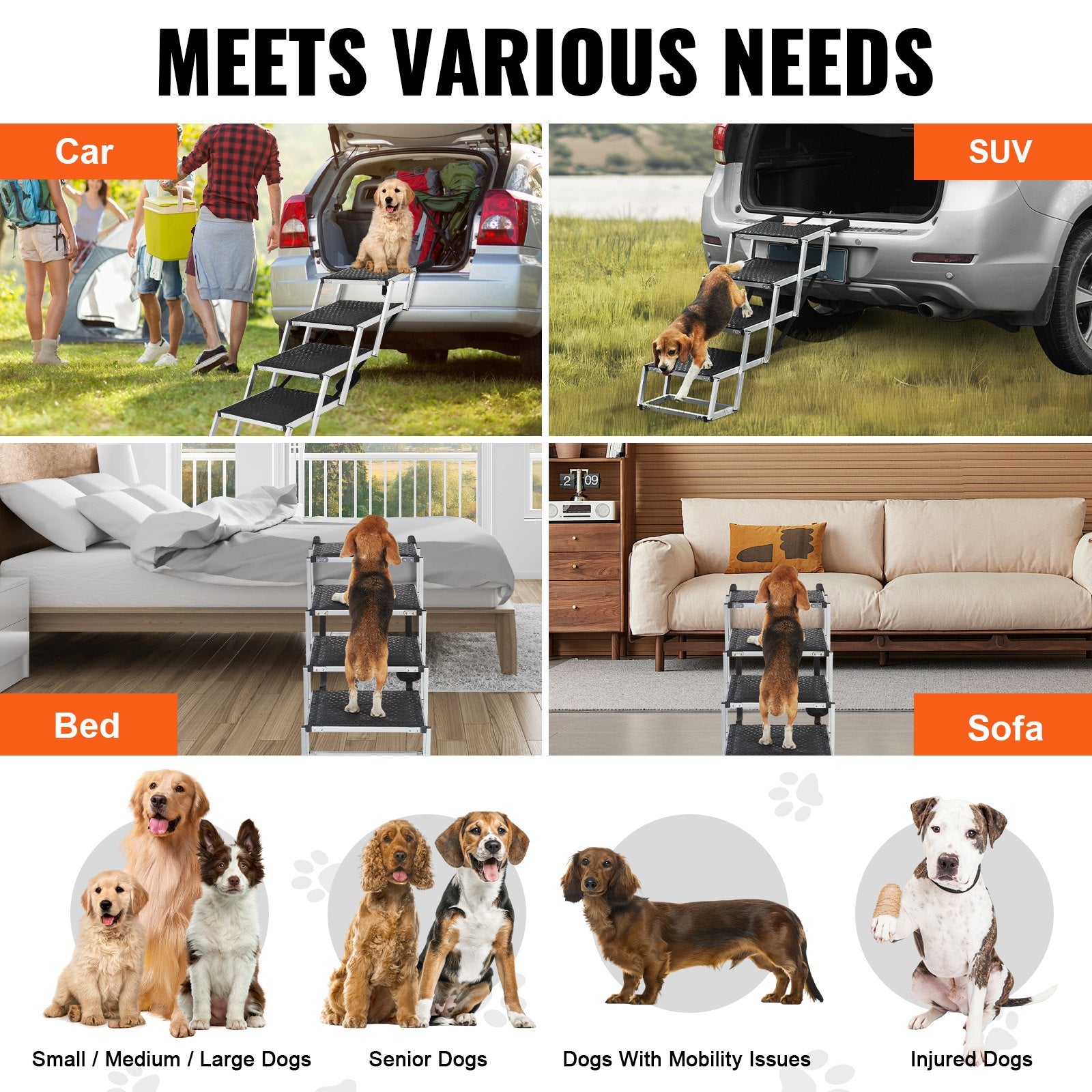 Dog Stair for Cars 4-Step Folding Ramp Nonslip Lightweight Aluminum 150 lbs
