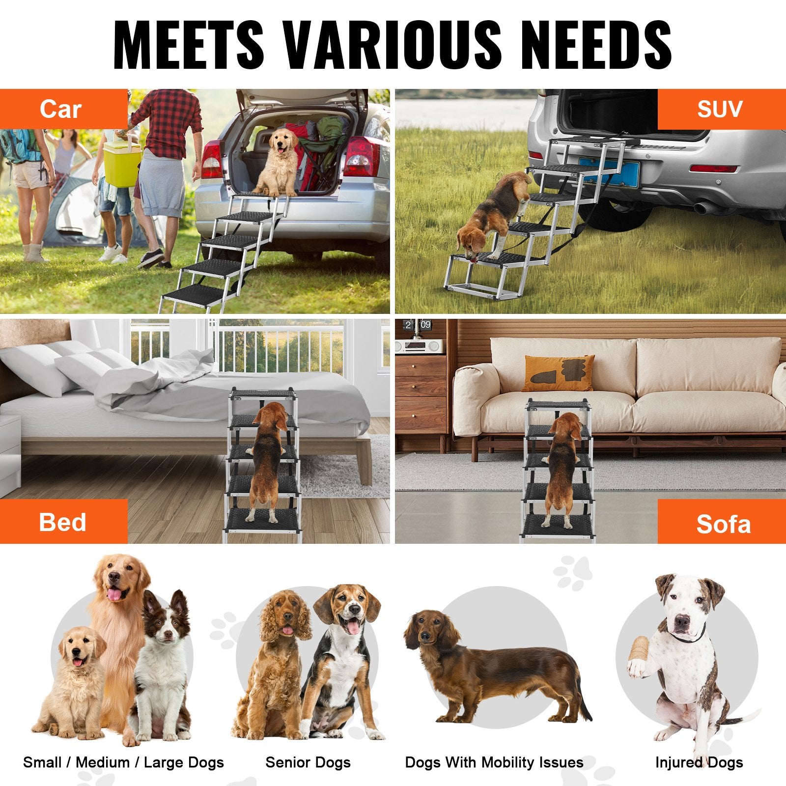 Dog Stair for Cars 5-Step Folding Ramp Nonslip Lightweight Aluminum 150 lbs