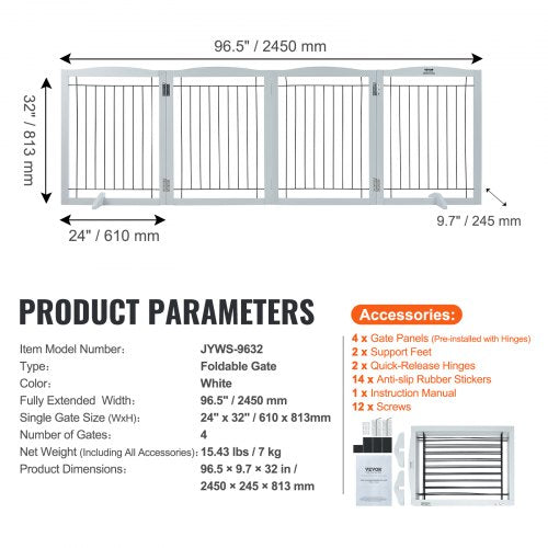 VEVOR Freestanding Dog Gate 32" H x 96.5" W Foldable Pet Barrier - White