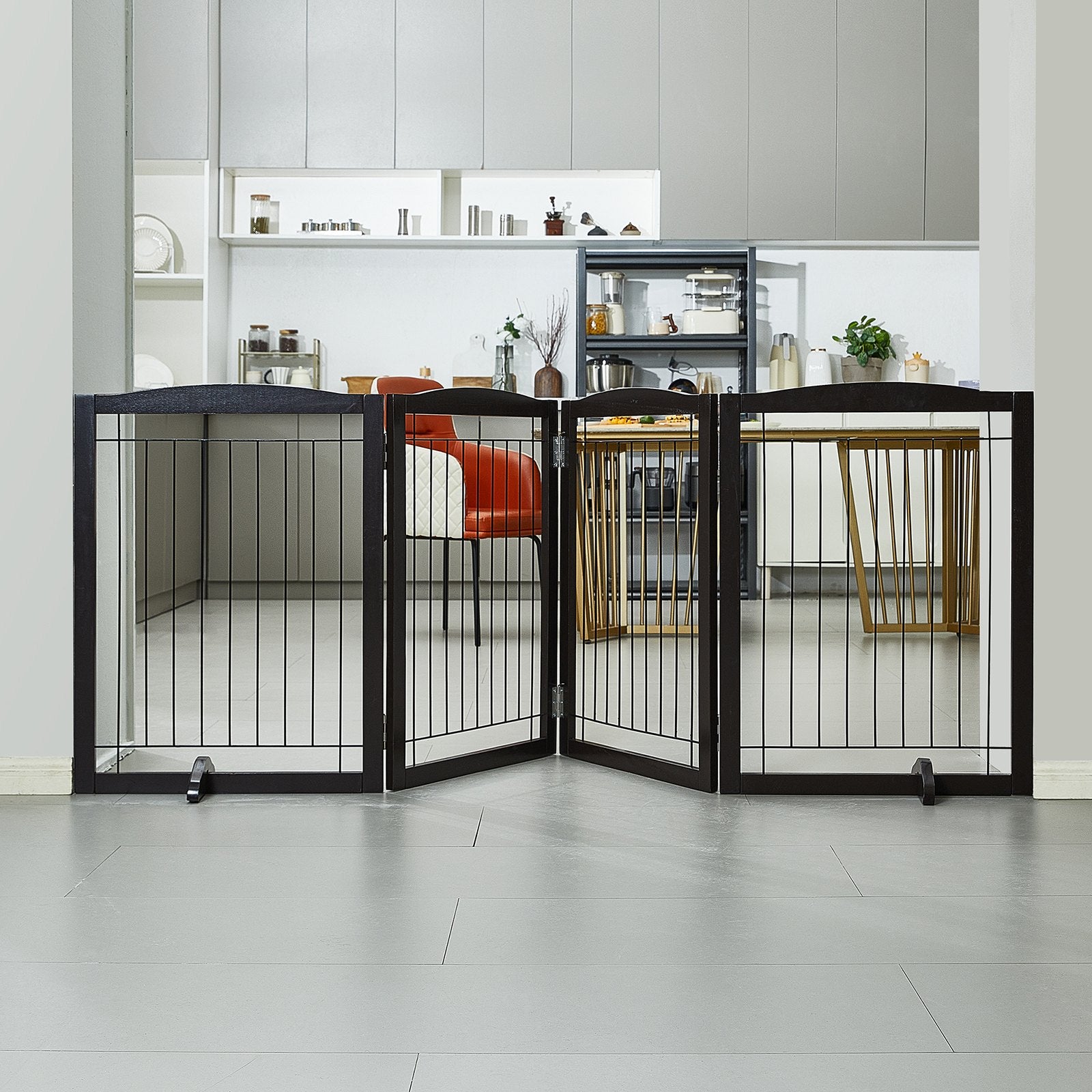 32"H x 96.5"W Free Standing and Foldable Pet Gate with 4 Panels Brown
