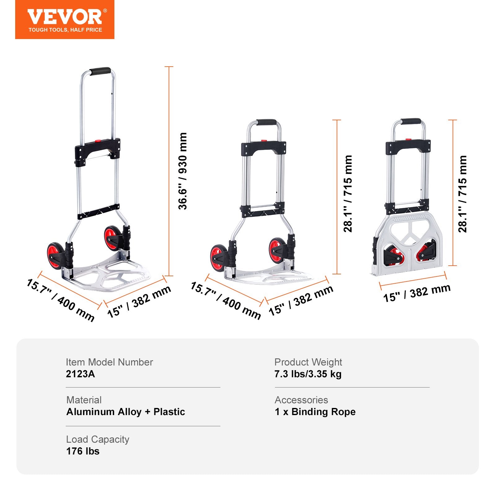 Hand Truck Folding Aluminum 80KG Convertible Dolly Telescoping Handle Wheels