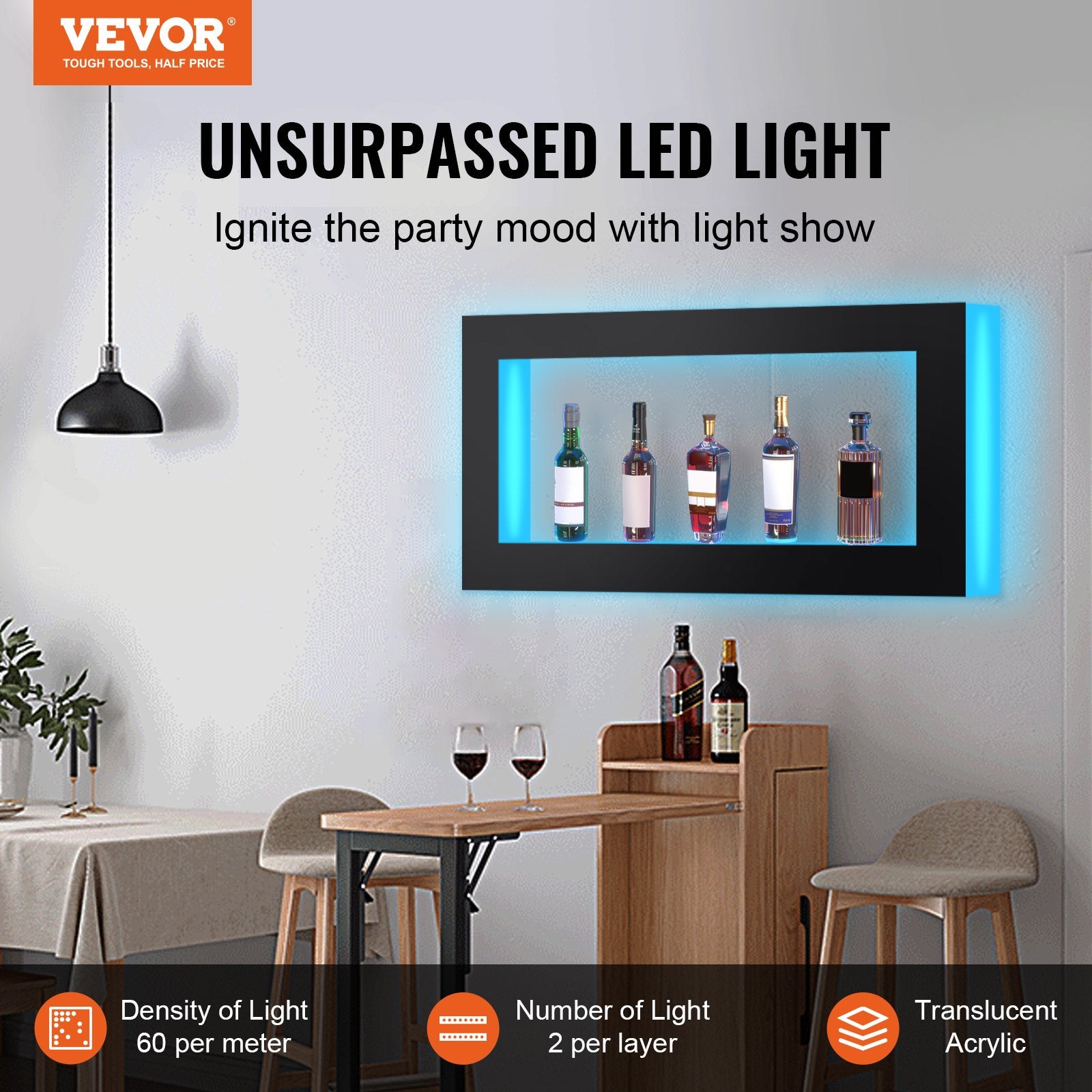 LED Lighted Liquor Bottle Display Square 48in Acrylic Wall-Mounted Bar Shelf