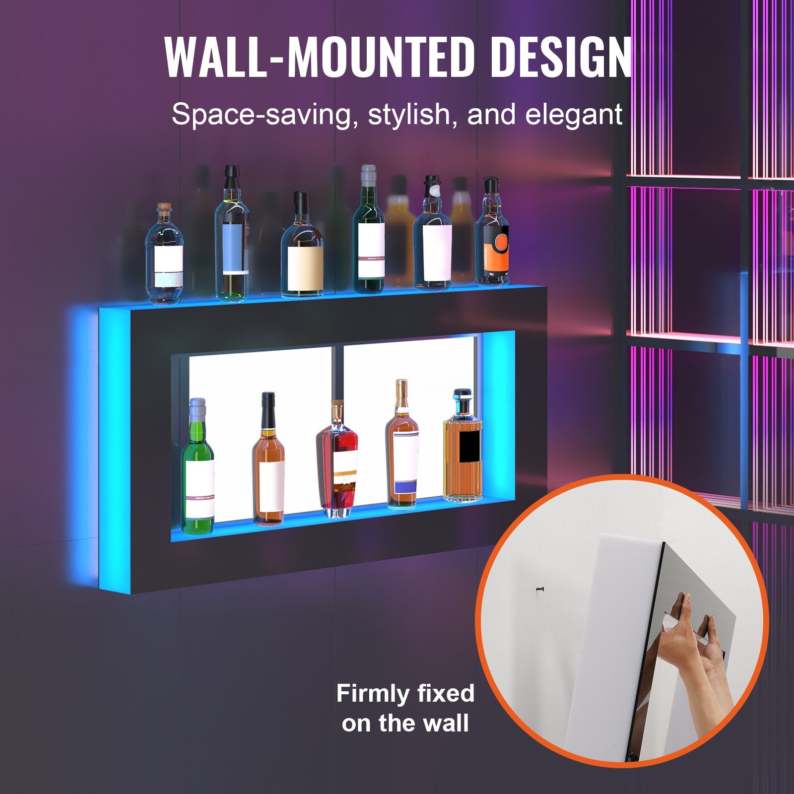 LED Lighted Liquor Bottle Display Square 48in Acrylic Wall-Mounted Bar Shelf