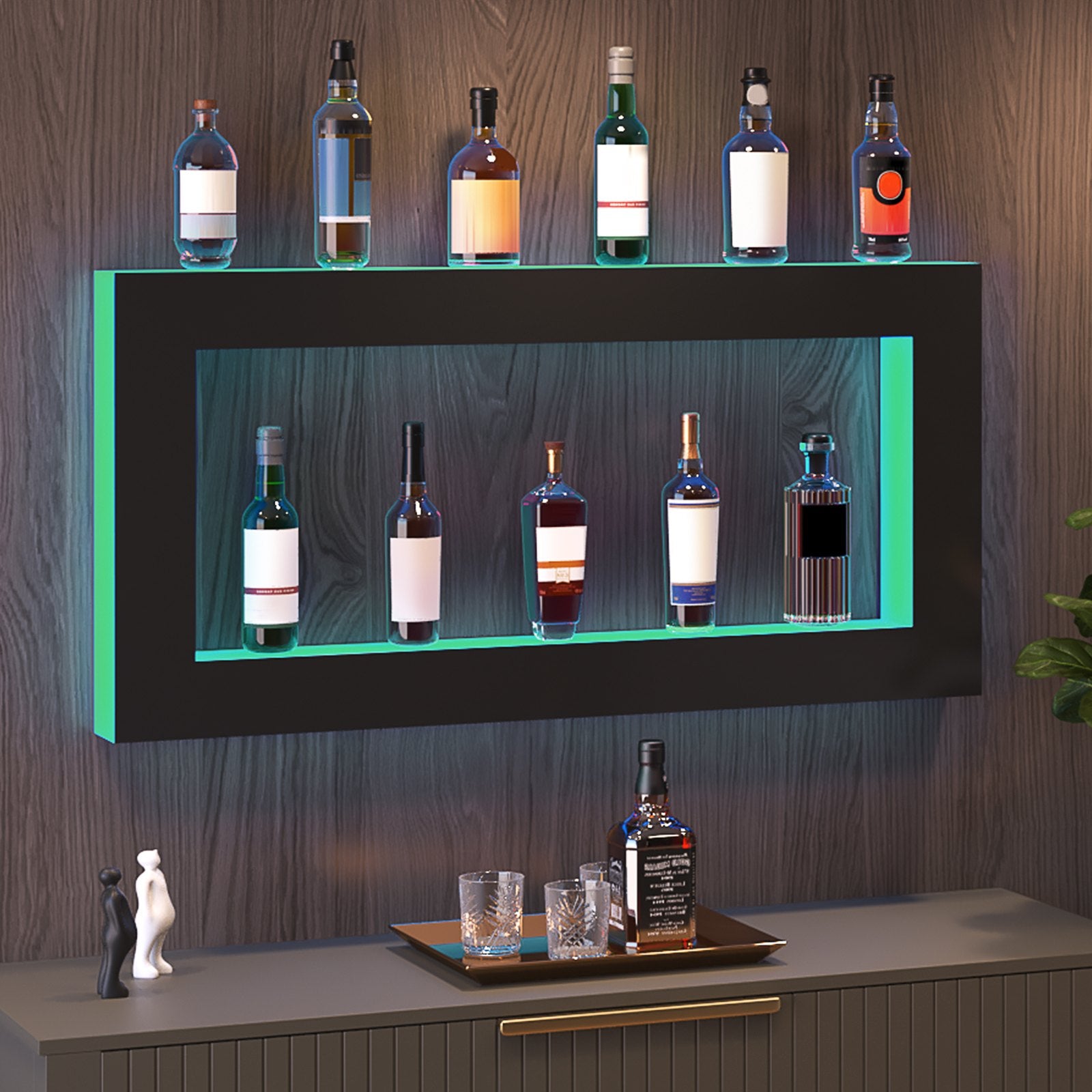 LED Lighted Liquor Bottle Display Square 48in Acrylic Wall-Mounted Bar Shelf