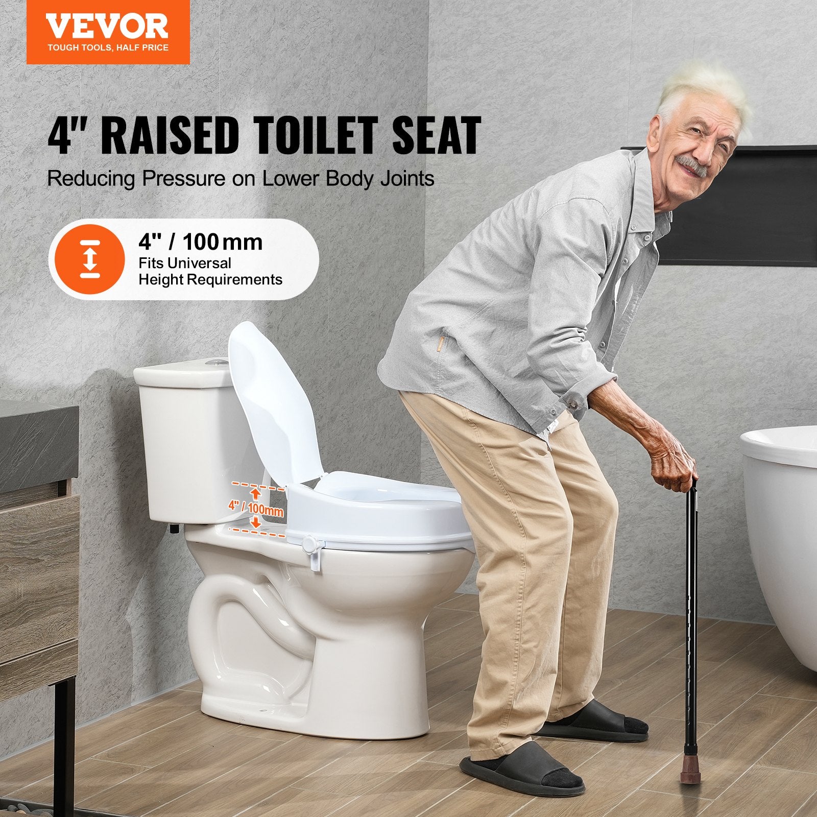 Raised Toilet Seat 100mm Height 136kg Capacity Screw Rod Locking Universal Riser