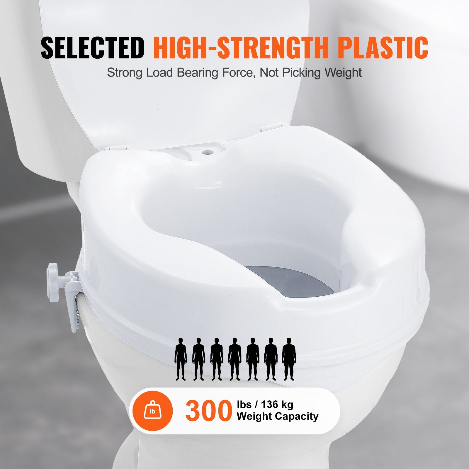 Raised Toilet Seat 100mm Height 136kg Capacity Screw Rod Locking Universal Riser