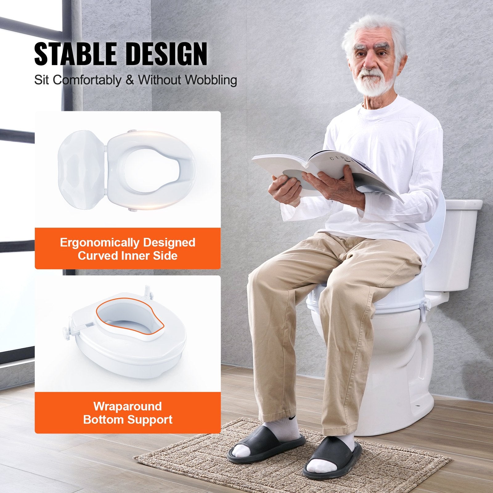 Raised Toilet Seat 100mm Height 136kg Capacity Screw Rod Locking Universal Riser