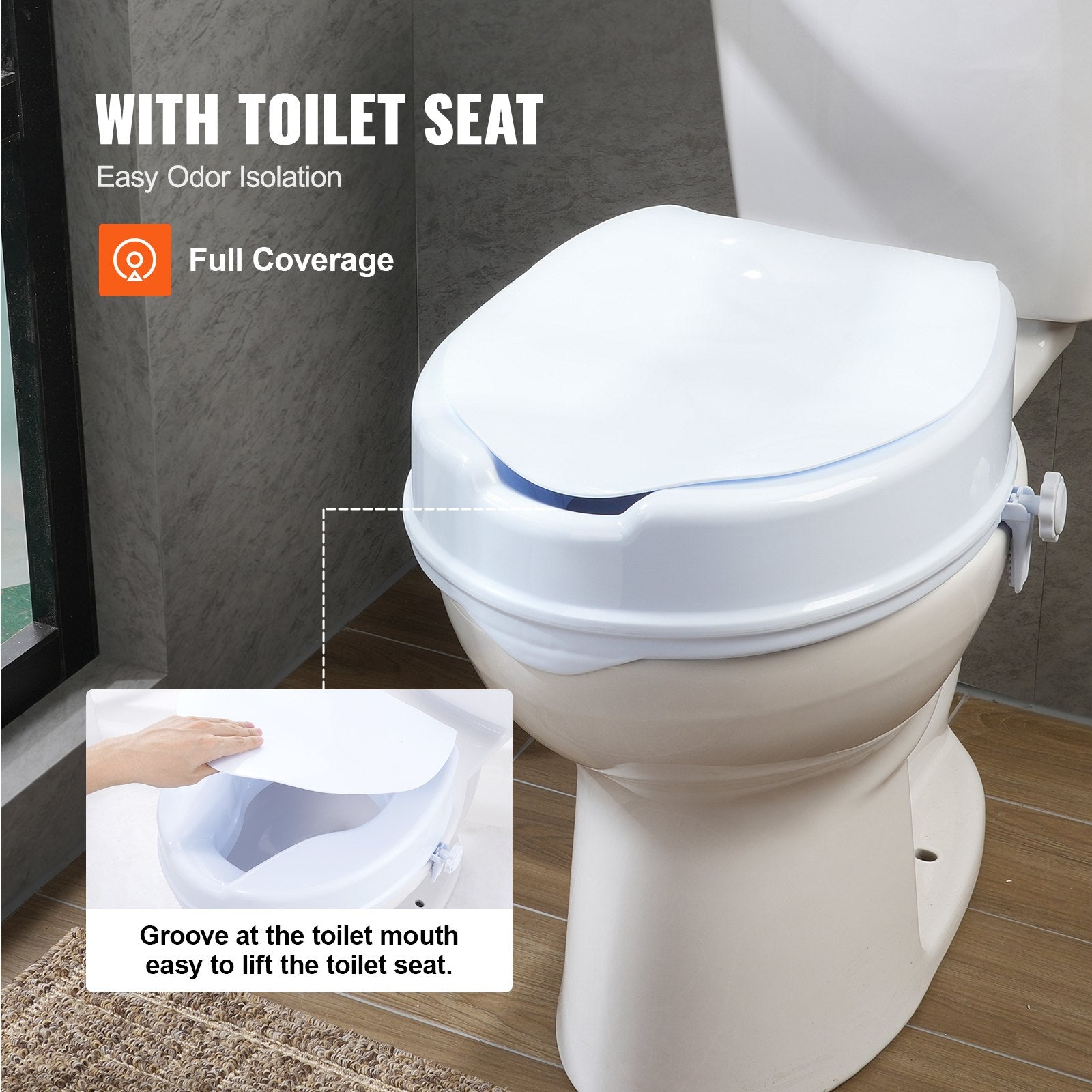 Raised Toilet Seat 100mm Height 136kg Capacity Screw Rod Locking Universal Riser