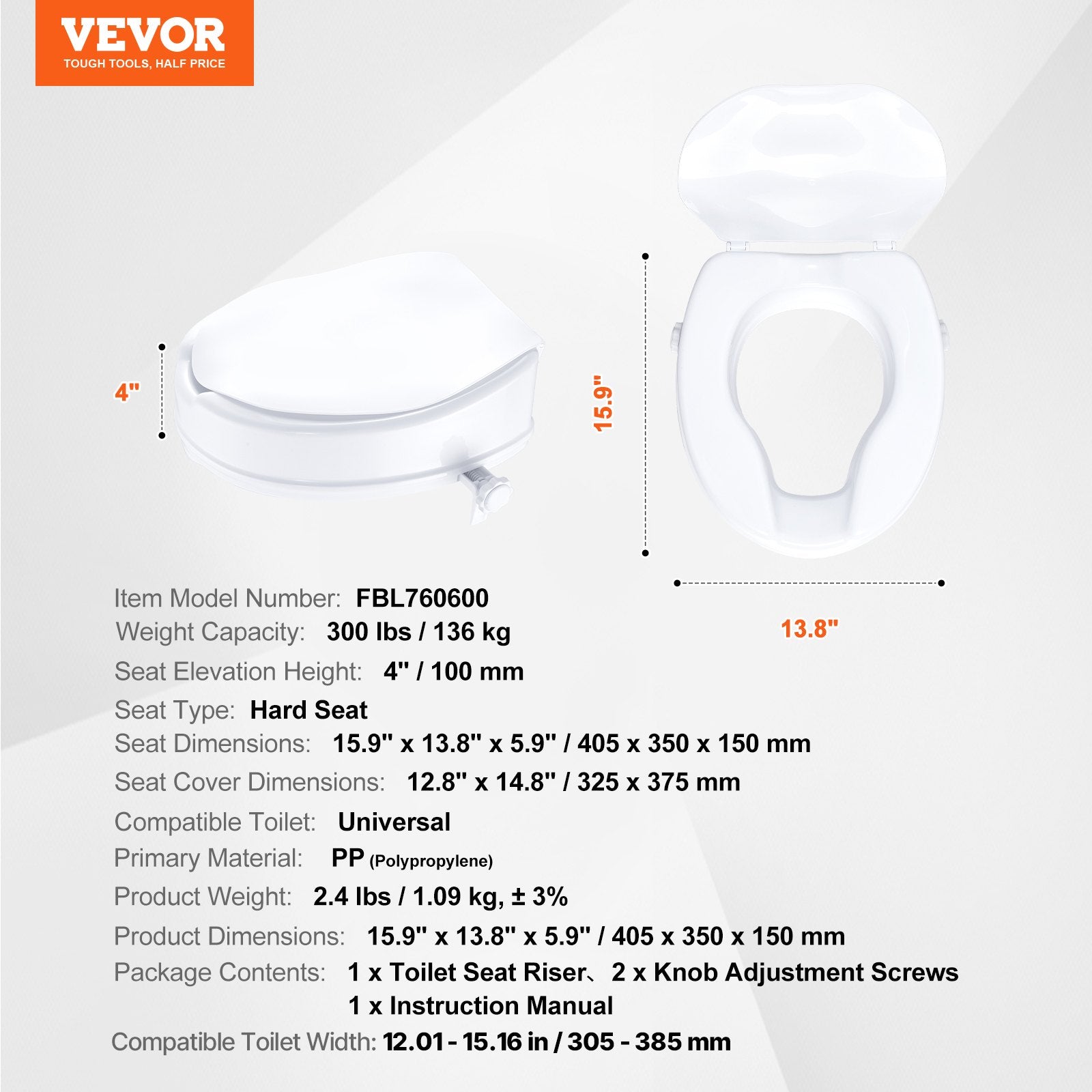 Raised Toilet Seat 100mm Height 136kg Capacity Screw Rod Locking Universal Riser