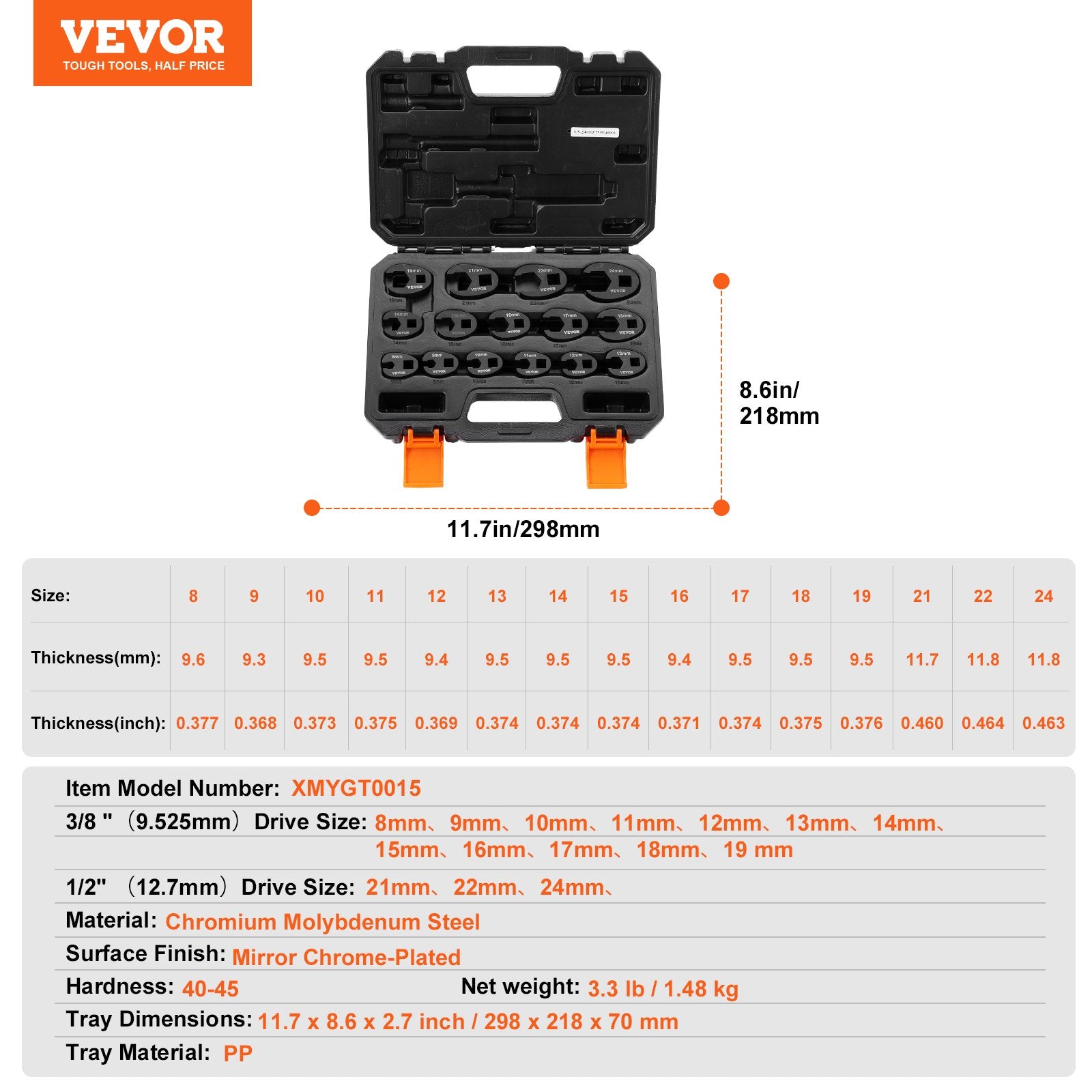 Crowfoot Wrench Set 15-Piece 1/2" 3/8" Drive Metric 8-24mm with Storage Case