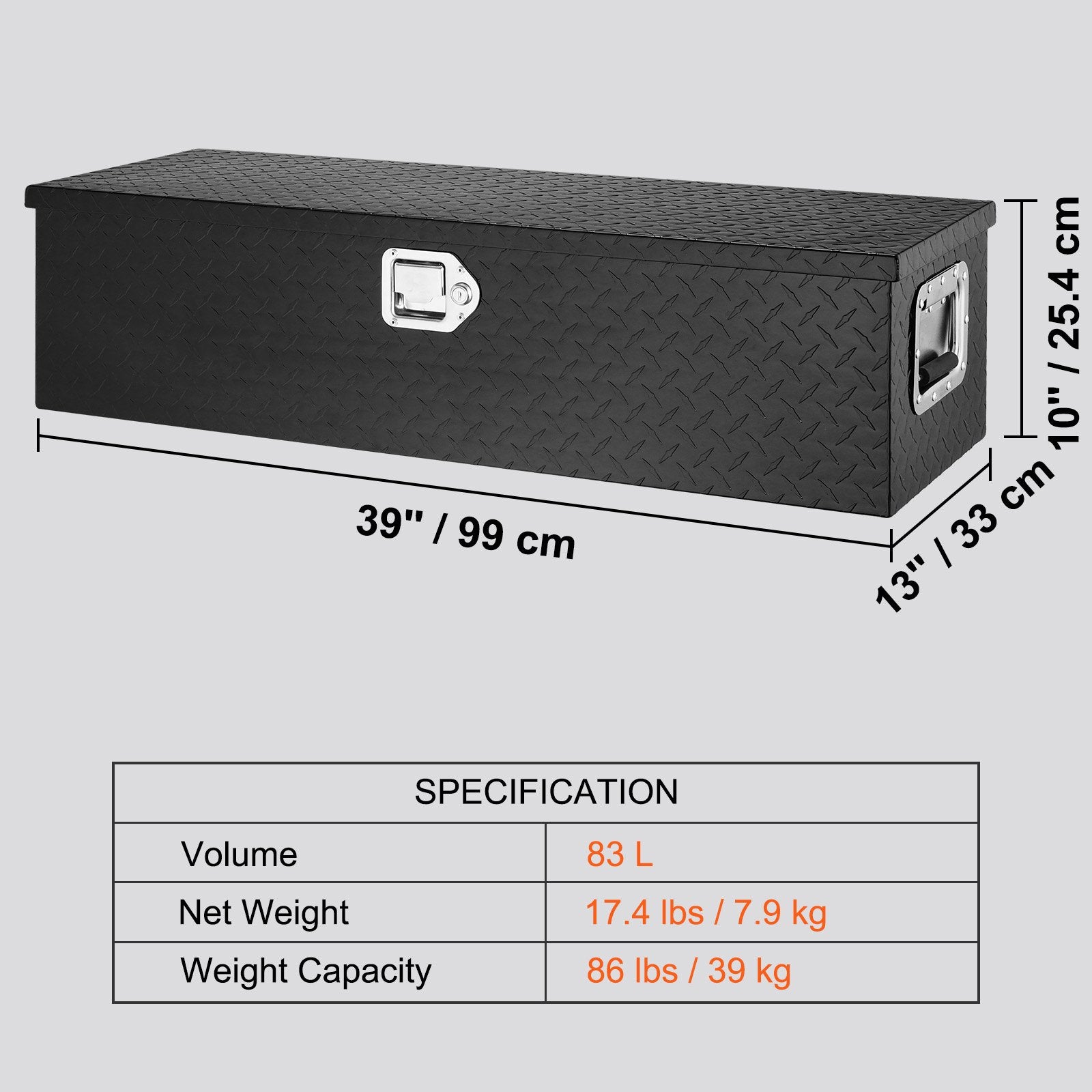 Heavy Duty Aluminum Truck Bed Tool Box 990x330x254mm Diamond Plate Black