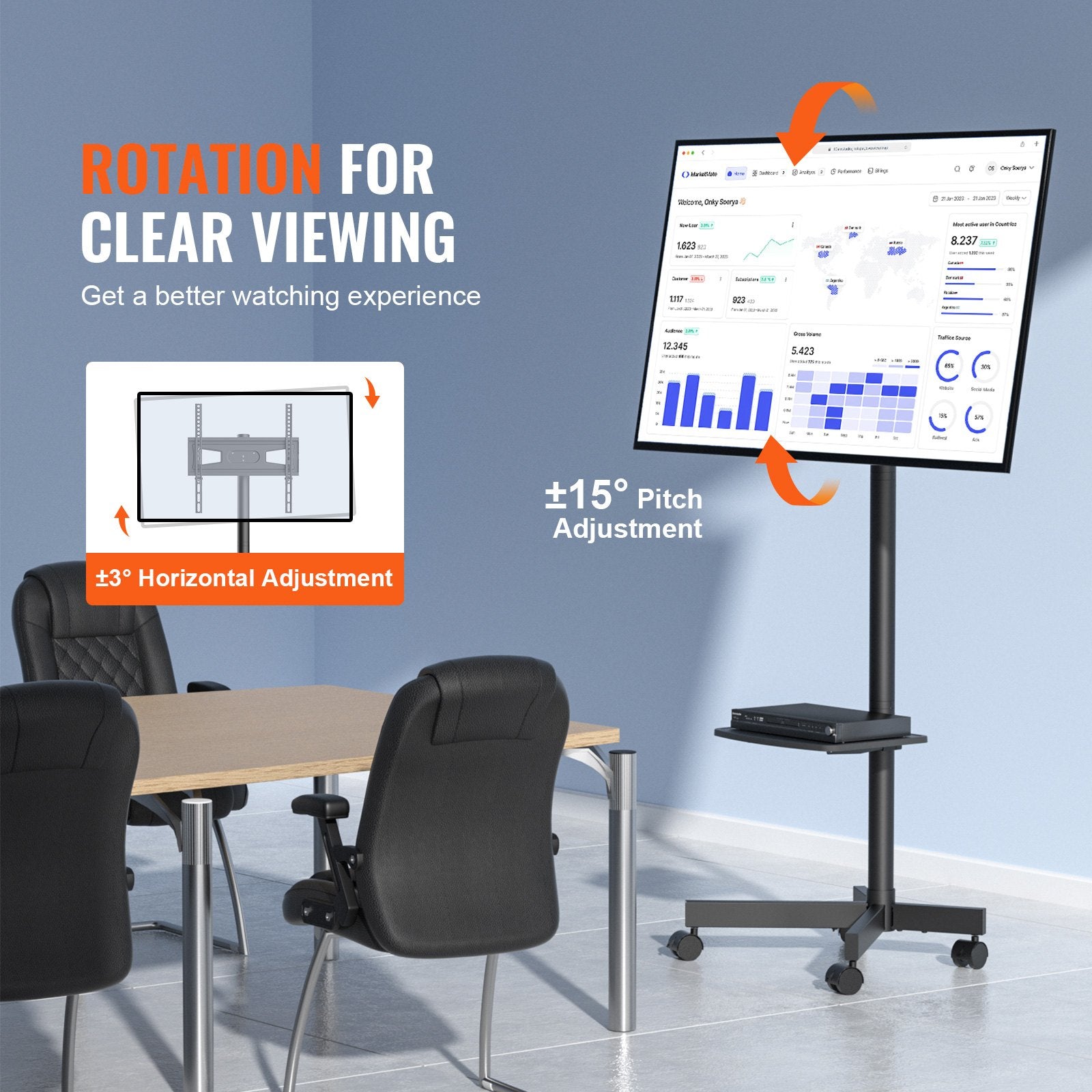 Mobile TV St& Cart for 23-60" TVs Height Adjustable Portable Rolling St& with