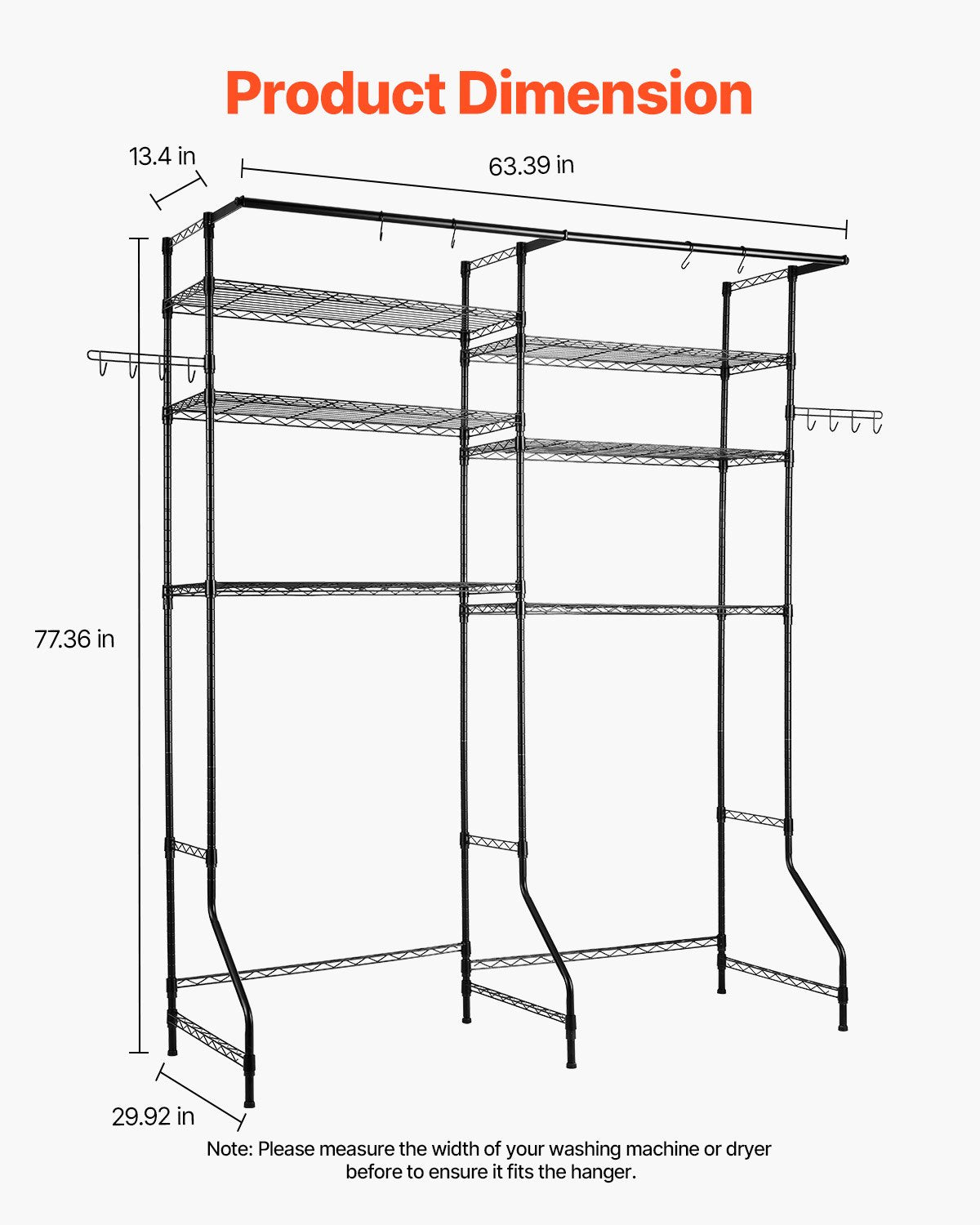 Over Washer Dryer Storage Shelves 6-Tier Adjustable Laundry Rack with Hooks Black