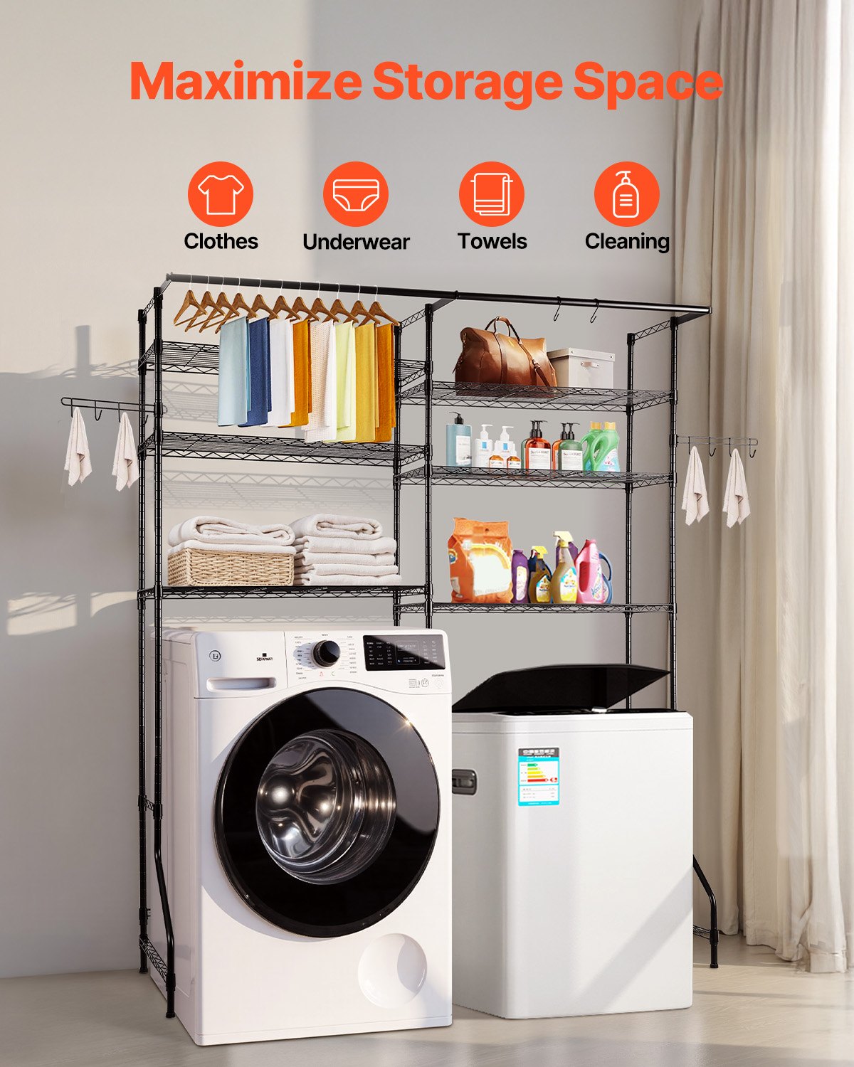 Over Washer Dryer Storage Shelves 6-Tier Adjustable Laundry Rack with Hooks Black