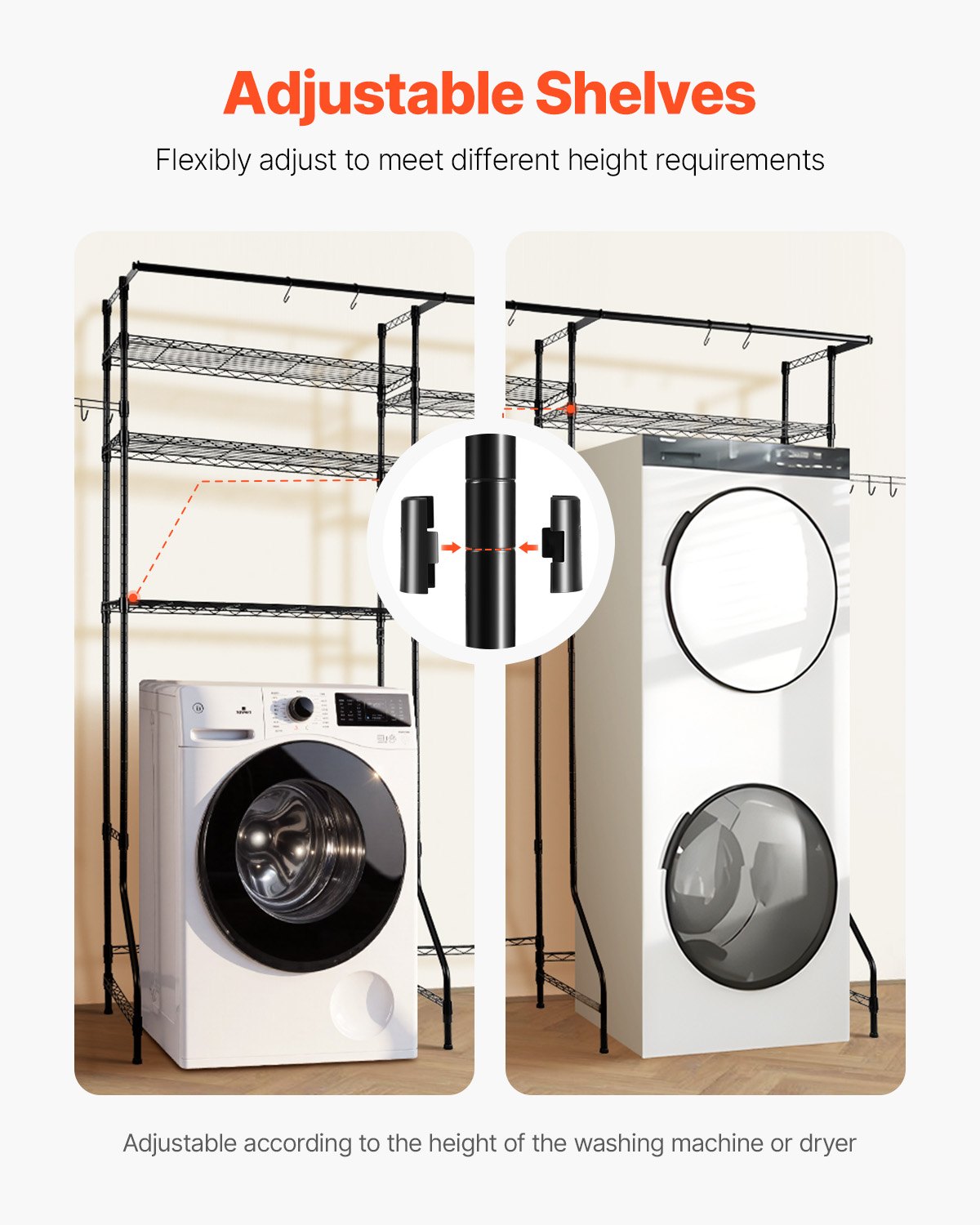 Over Washer Dryer Storage Shelves 6-Tier Adjustable Laundry Rack with Hooks Black