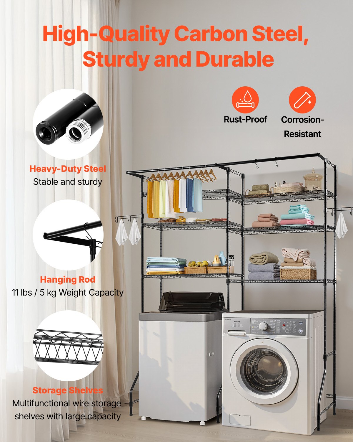 Over Washer Dryer Storage Shelves 6-Tier Adjustable Laundry Rack with Hooks Black