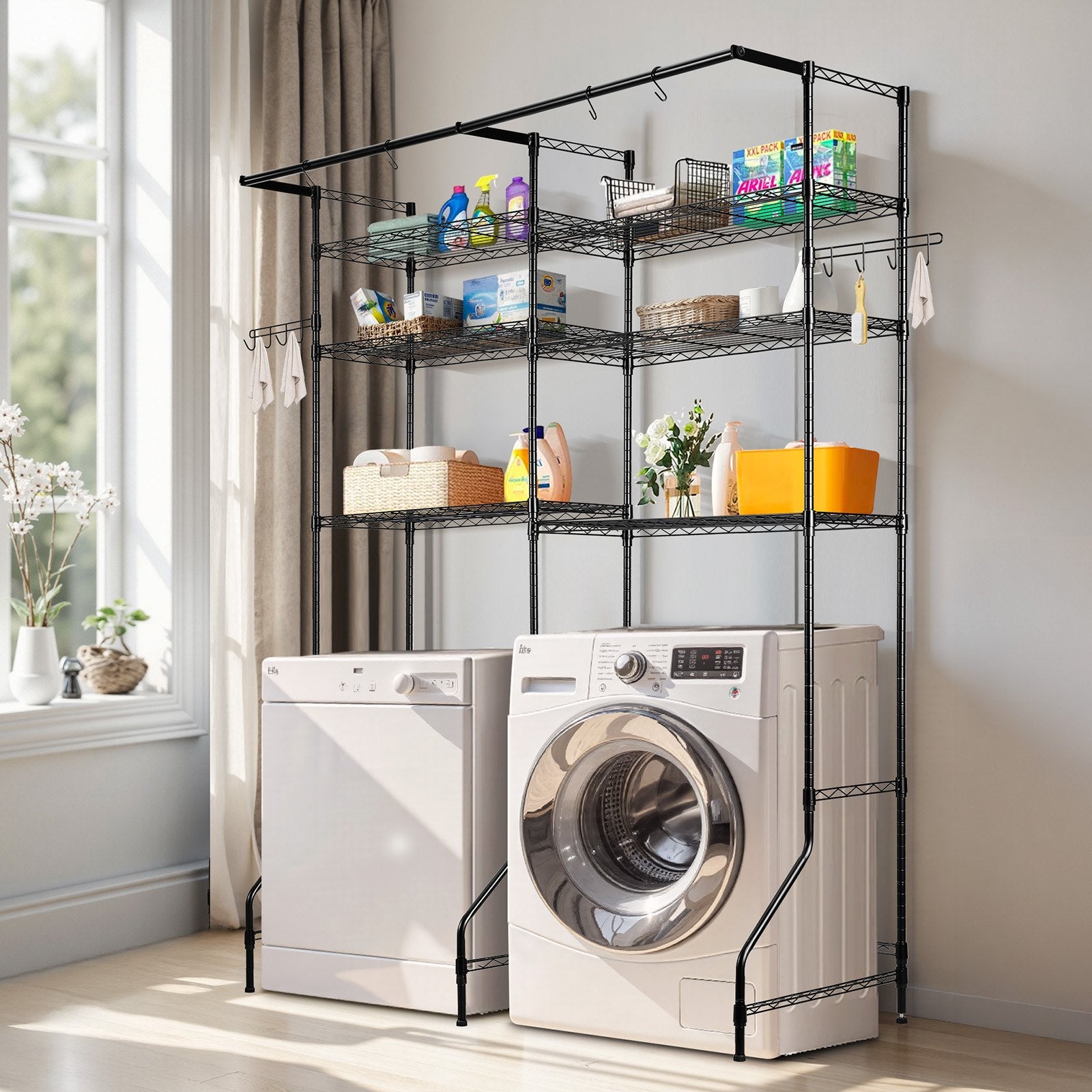 Over Washer Dryer Storage Shelves 6-Tier Adjustable Laundry Rack with Hooks Black