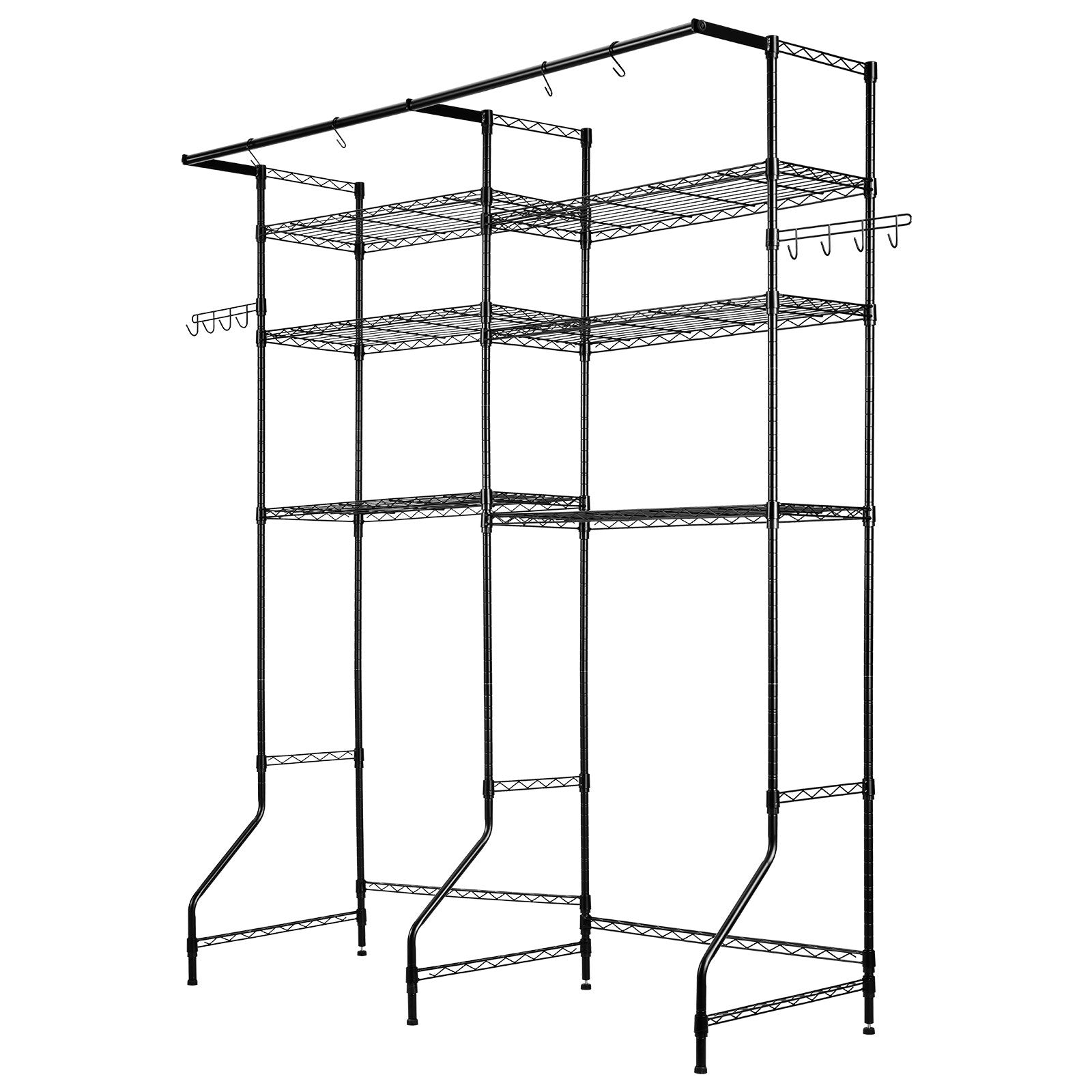 Over Washer Dryer Storage Shelves 6-Tier Adjustable Laundry Rack with Hooks Black