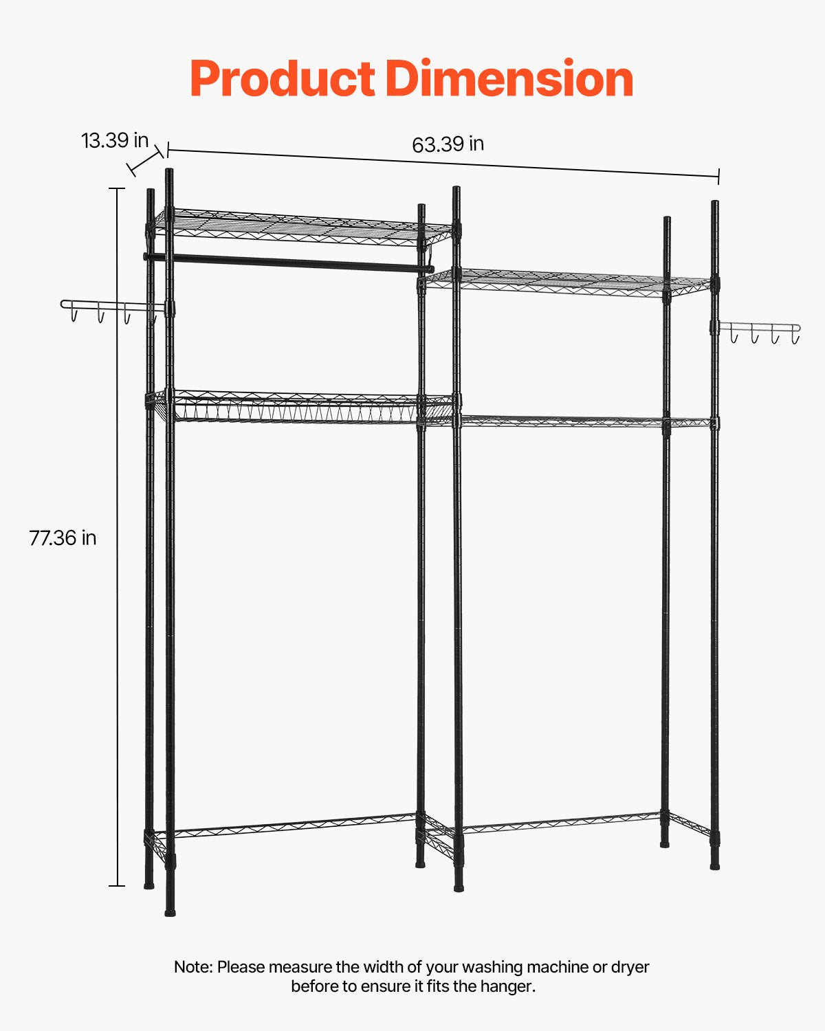 Over Washer Dryer Storage Shelves 4-Tier Adjustable Laundry Rack with Hooks Black