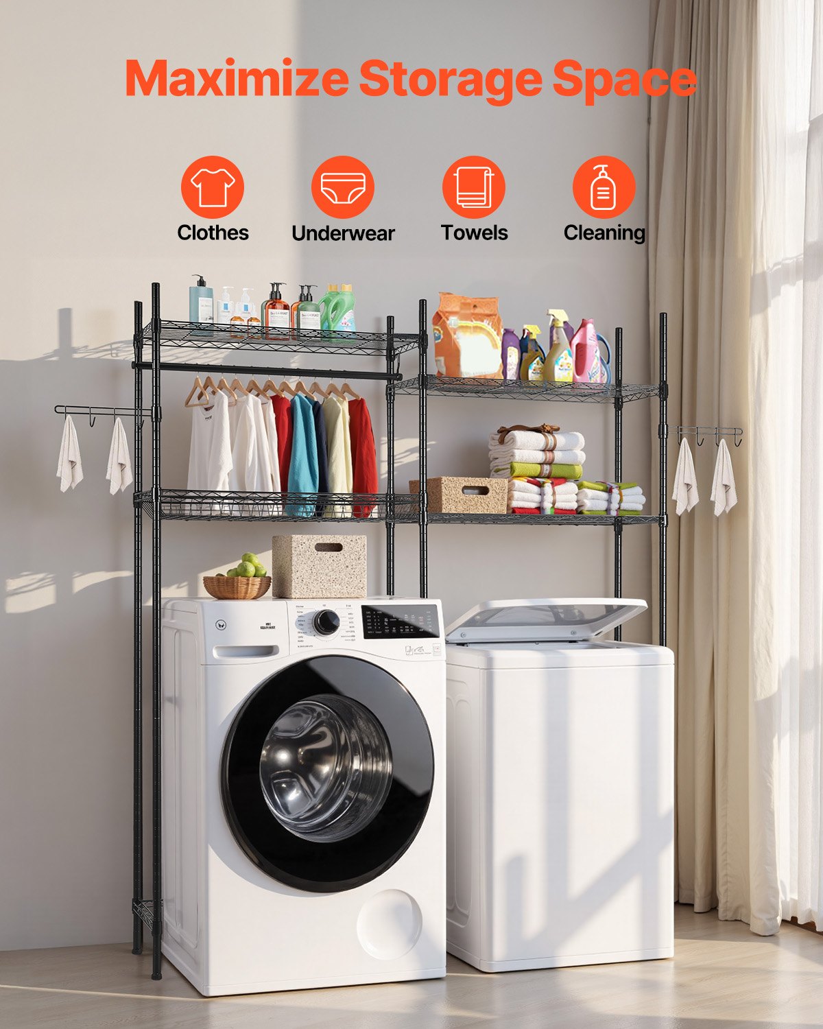 Over Washer Dryer Storage Shelves 4-Tier Adjustable Laundry Rack with Hooks Black