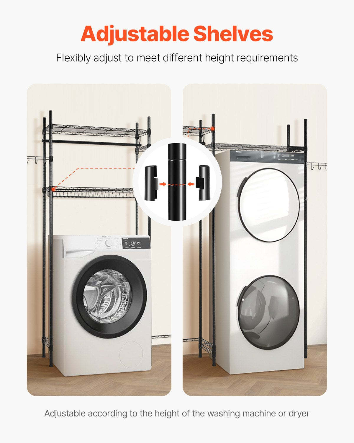 Over Washer Dryer Storage Shelves 4-Tier Adjustable Laundry Rack with Hooks Black