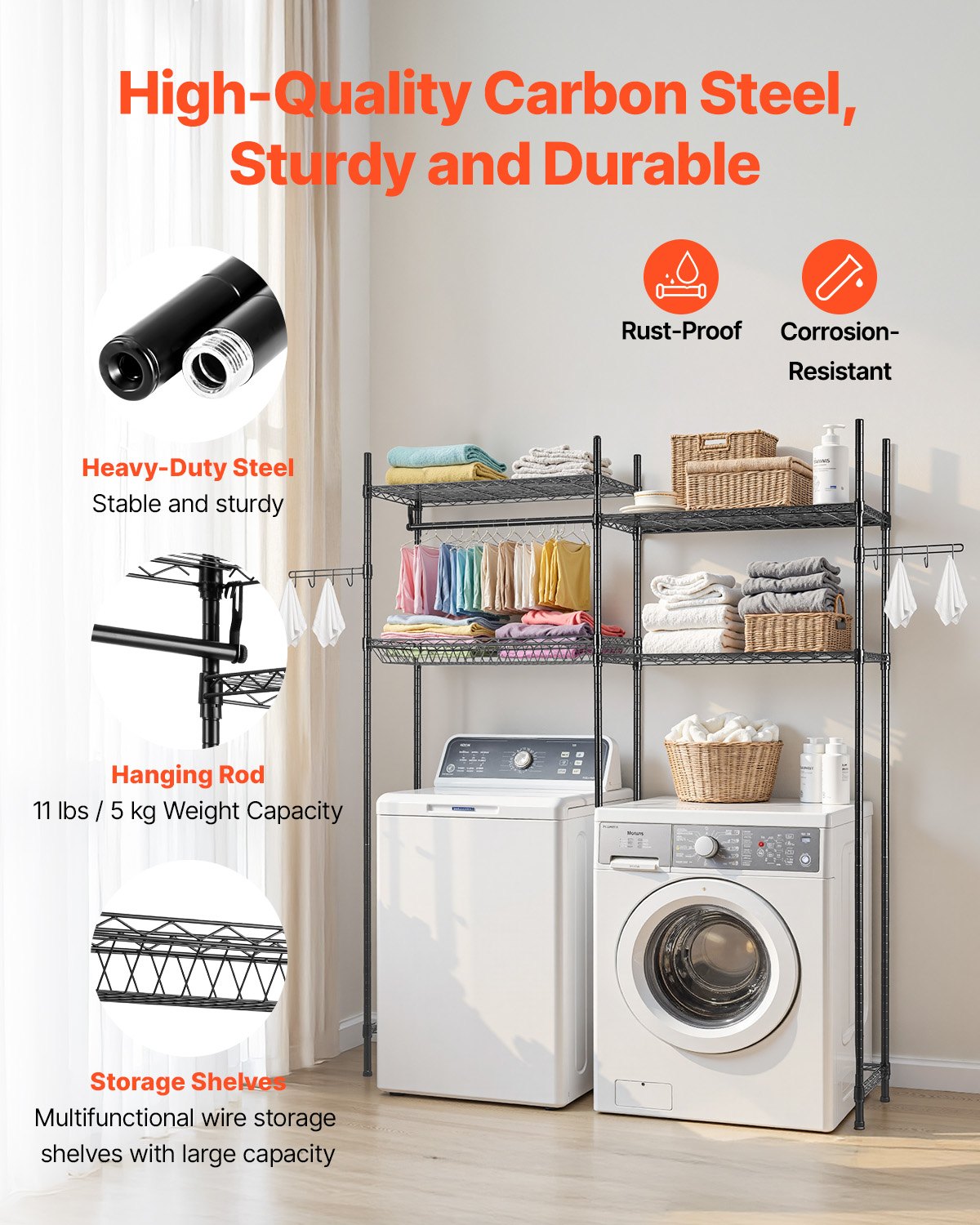 Over Washer Dryer Storage Shelves 4-Tier Adjustable Laundry Rack with Hooks Black