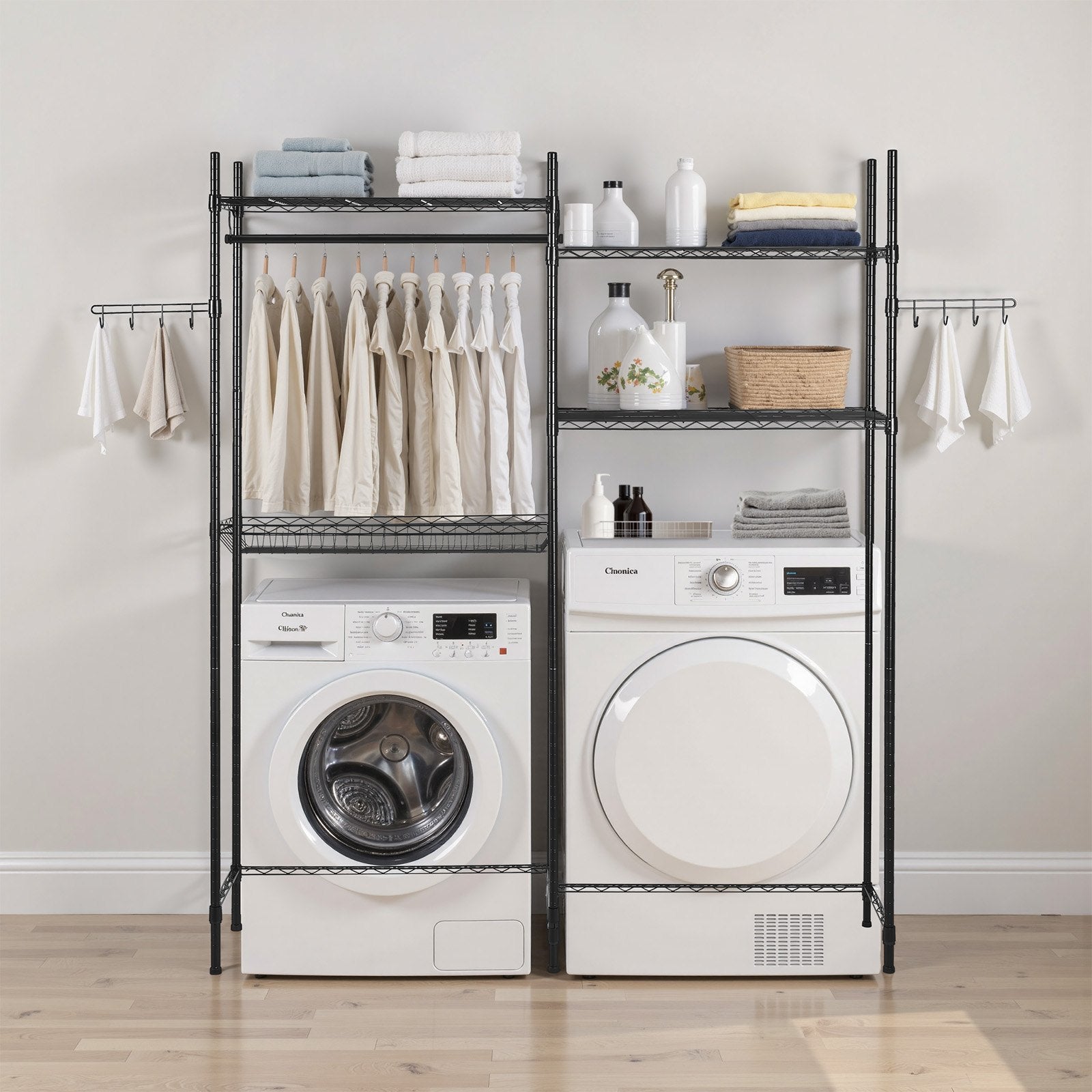 Over Washer Dryer Storage Shelves 4-Tier Adjustable Laundry Rack with Hooks Black