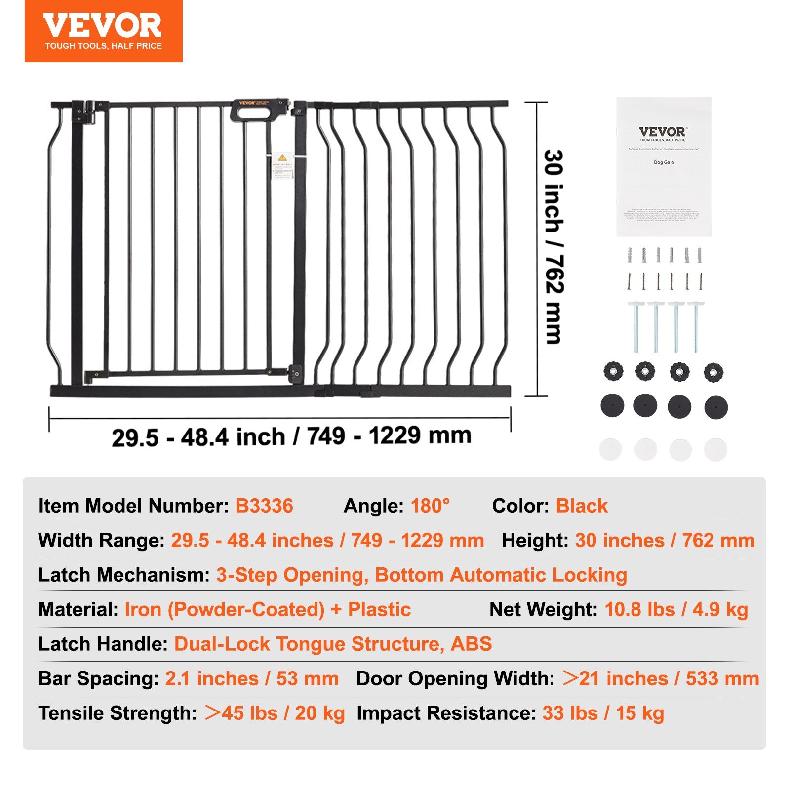 Baby Gate 749-1229mm Extra Wide 762mm High Step-Through Auto Close Black Wall Mt