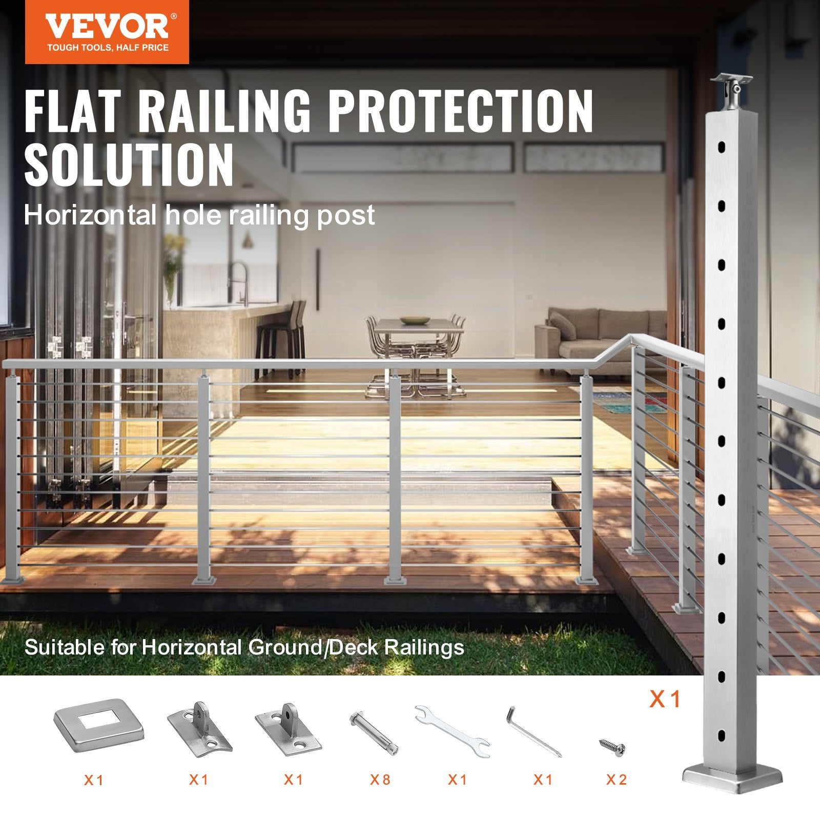 Cable Railing Post 36x1x2 SUS304 Stainless Steel Horizontal Hole Deck Bracket