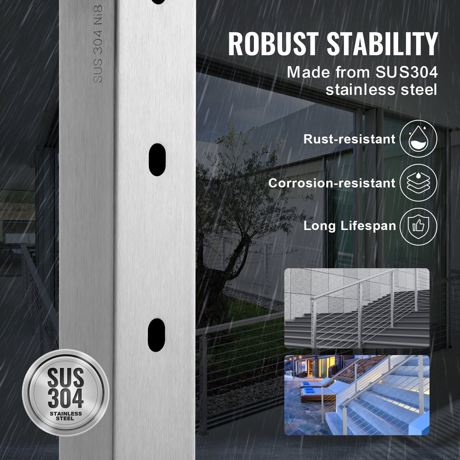 Cable Railing Post 36x1x2 SUS304 Stainless Steel Horizontal Hole Deck Bracket