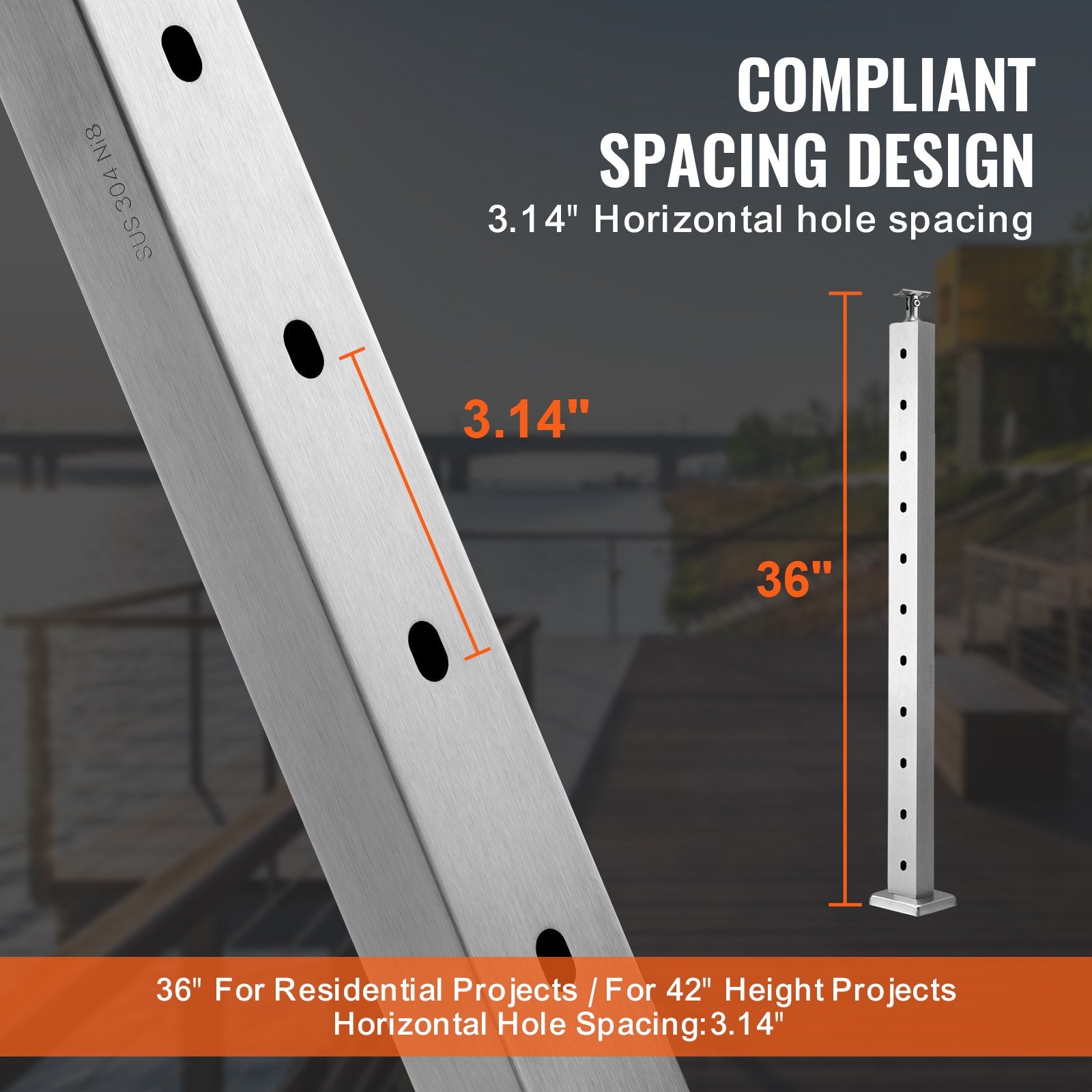 Cable Railing Post 36x1x2 SUS304 Stainless Steel Horizontal Hole Deck Bracket