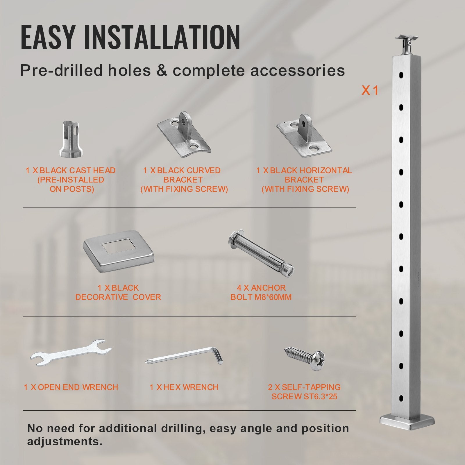Cable Railing Post 36x1x2 SUS304 Stainless Steel Horizontal Hole Deck Bracket