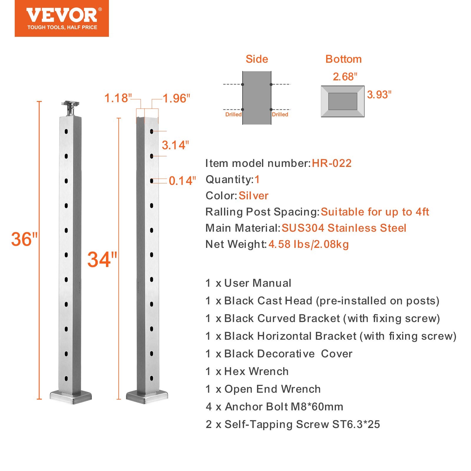 Cable Railing Post 36x1x2 SUS304 Stainless Steel Horizontal Hole Deck Bracket