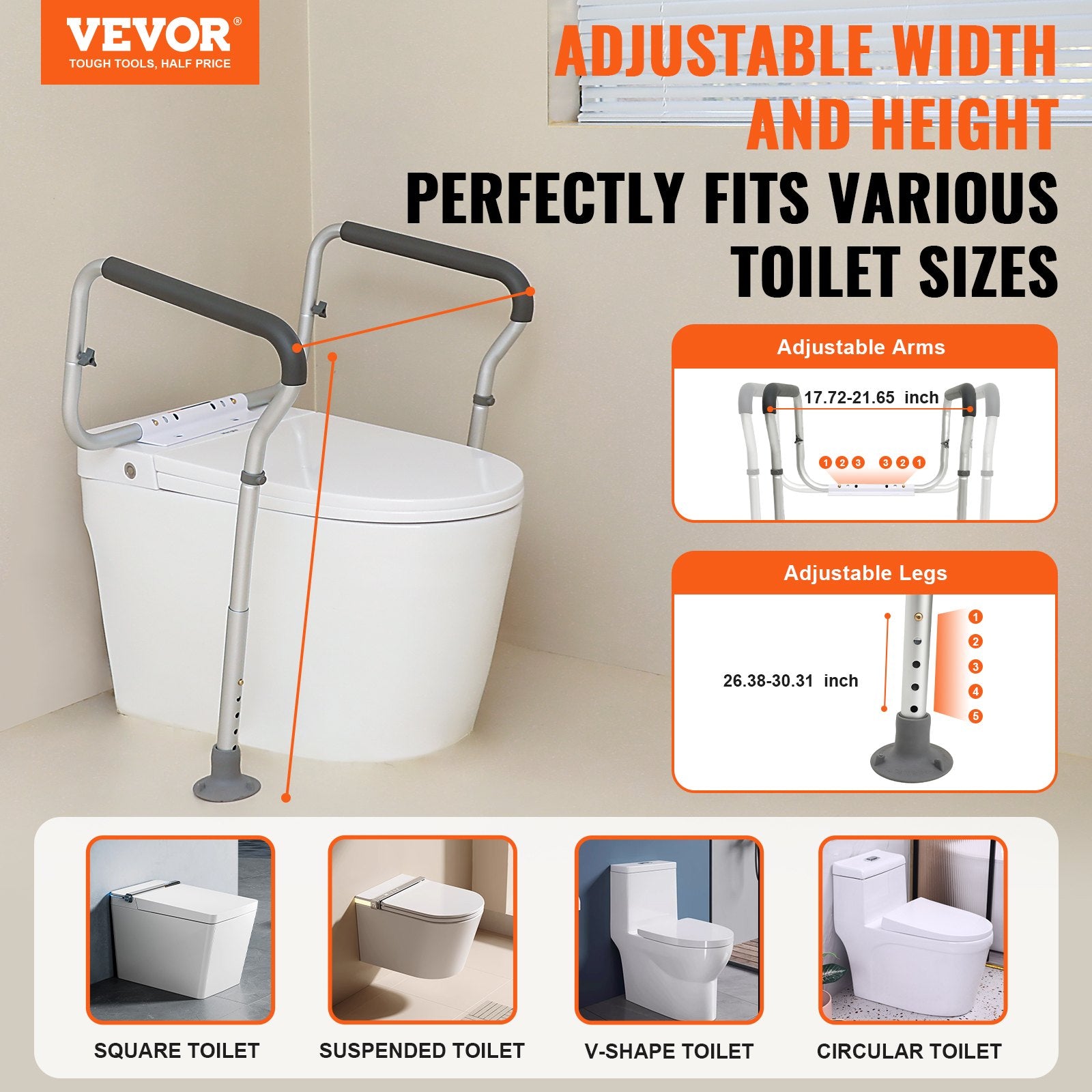 Toilet Safety Rail Bathroom Seat Frame Adjustable Handles Padded Armrests 136kg