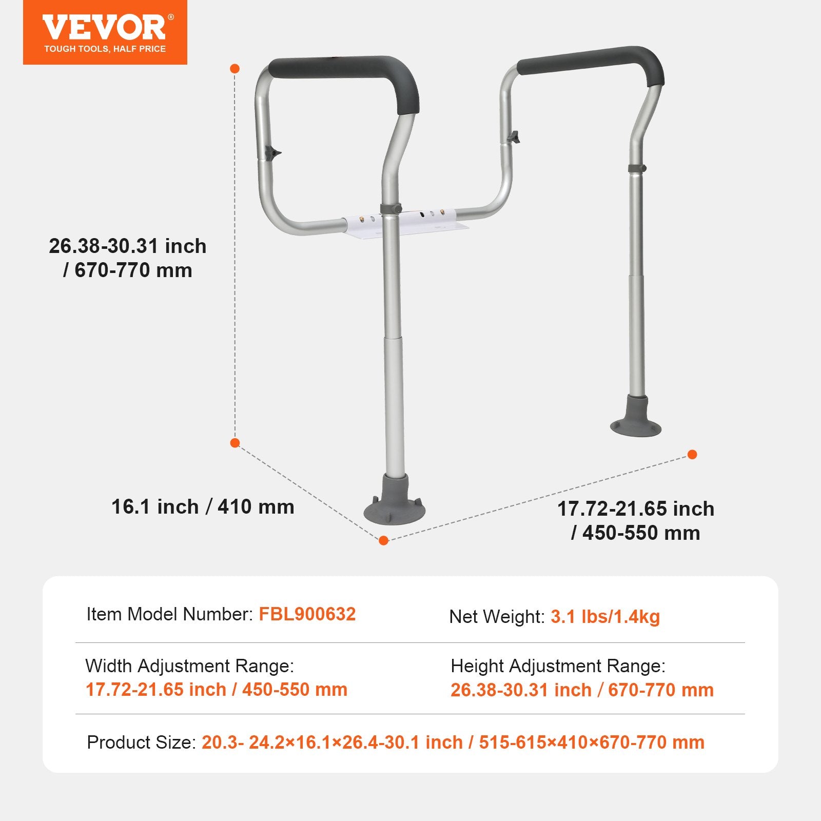 Toilet Safety Rail Bathroom Seat Frame Adjustable Handles Padded Armrests 136kg