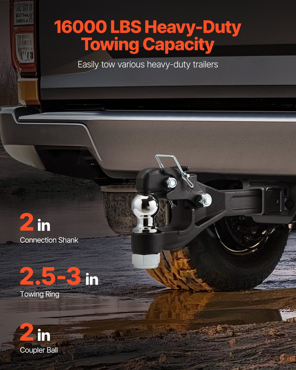 Pintle Hook 7256kg Capacity 50.4mm Hitch with Ball Fits 63.5-76.2mm Lunette