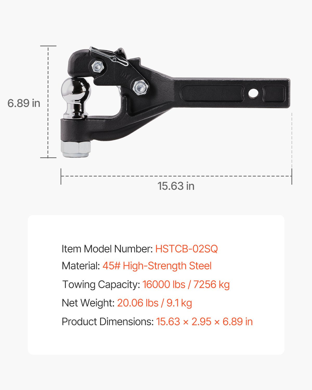 Pintle Hook 7256kg Capacity 50.4mm Hitch with Ball Fits 63.5-76.2mm Lunette