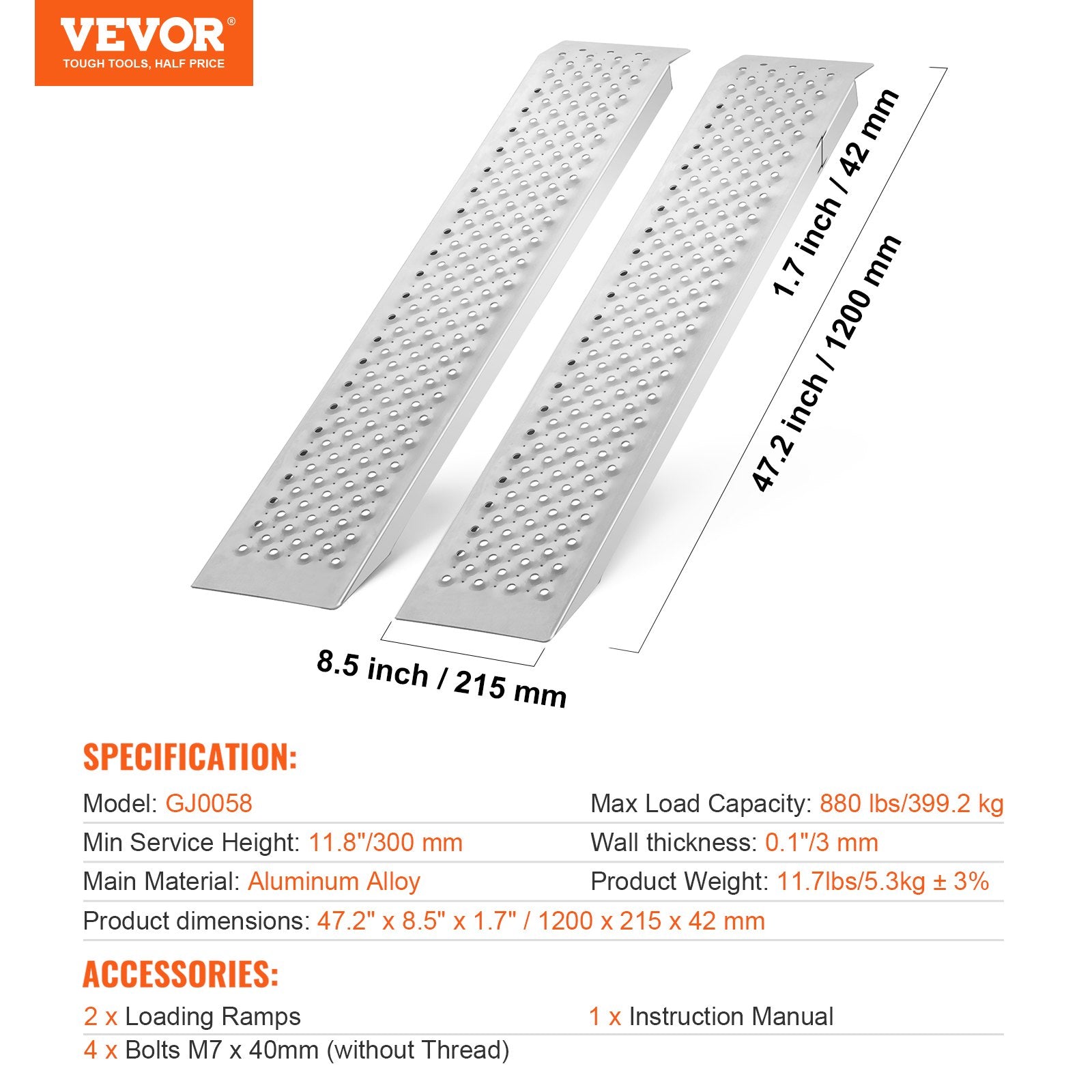 Loading Ramps Portable 2 Pcs 1200x215mm Aluminum Shed Ramp Anti-Slip Holes