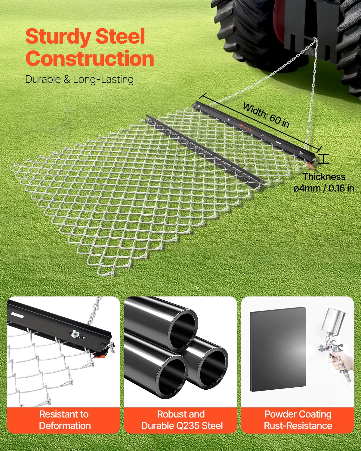 Drag Harrow 4x5ft, Q235 Steel, UTV Tractor Attachment, Landscape & Sod Leveling