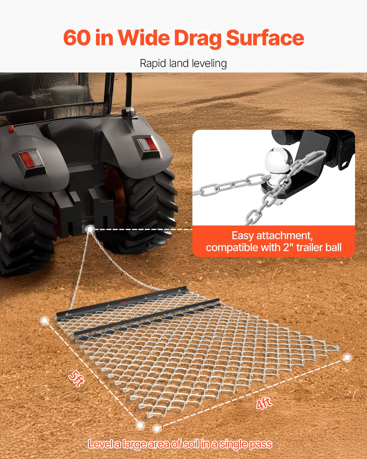 Drag Harrow 4x5ft, Q235 Steel, UTV Tractor Attachment, Landscape & Sod Leveling