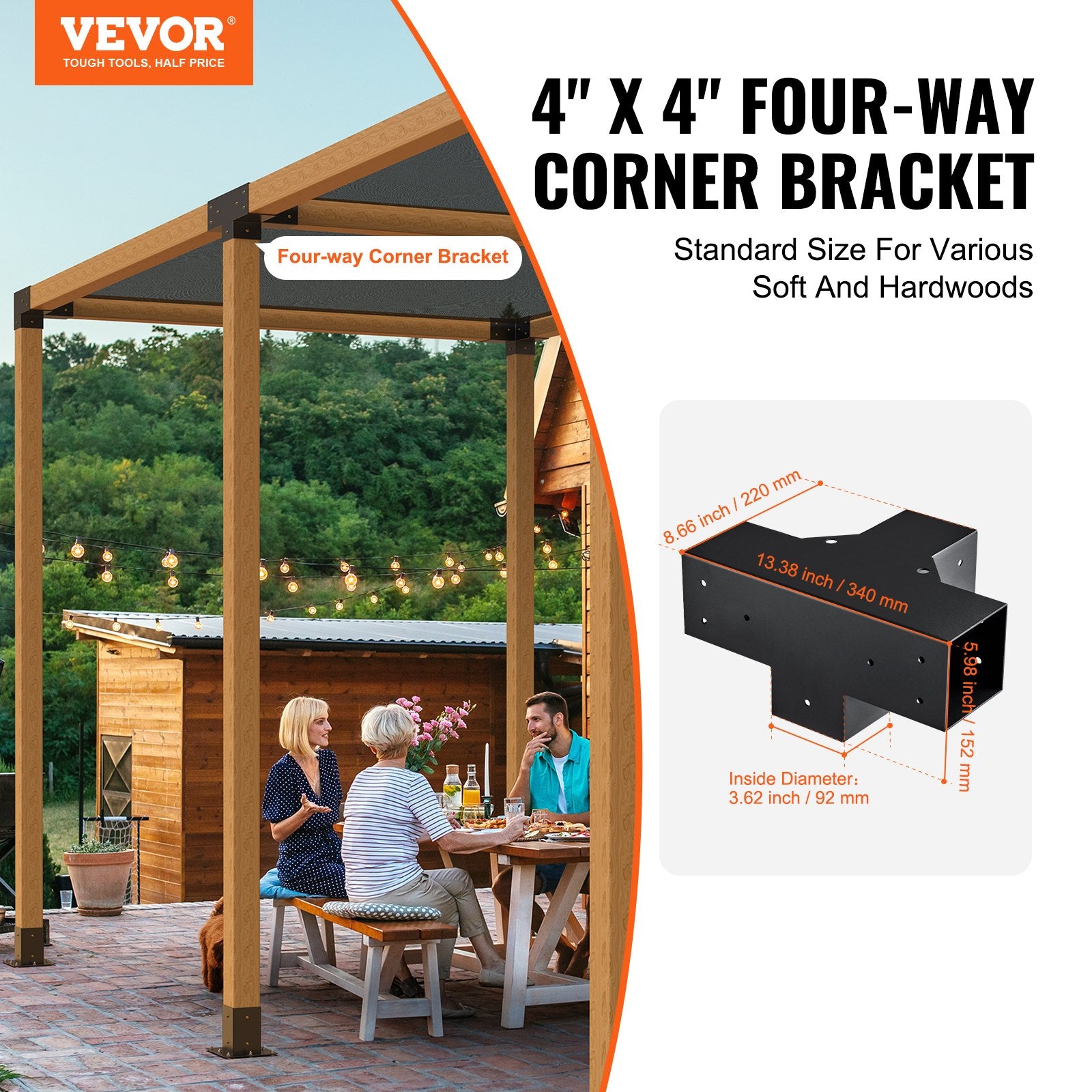 Pergola Bracket Kit 4x4 (3.6x3.6) 2pcs 4-Way Heavy Duty Corner Post Base