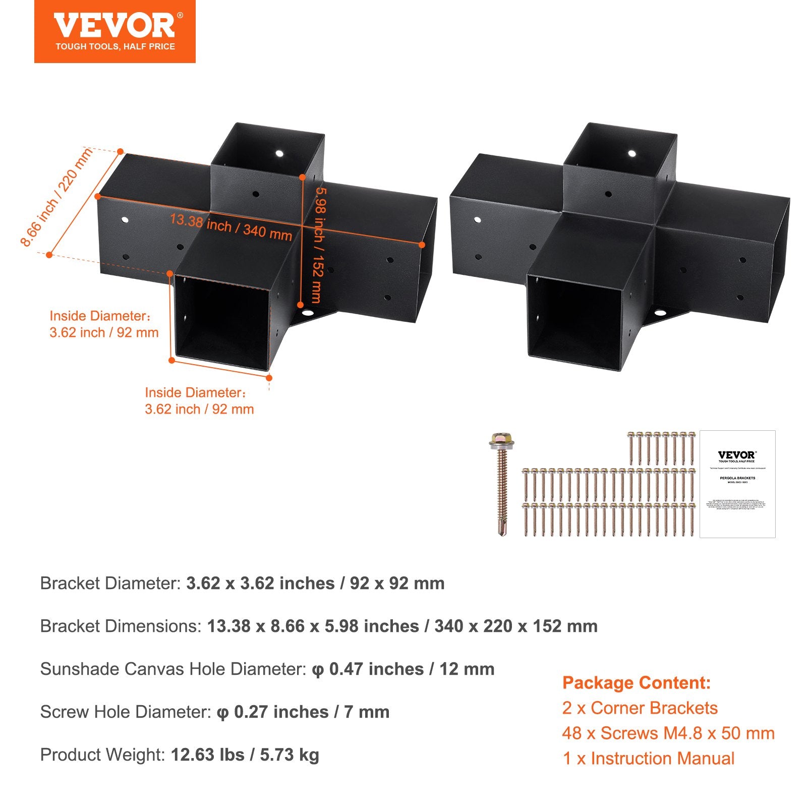 Pergola Bracket Kit 4x4 (3.6x3.6) 2pcs 4-Way Heavy Duty Corner Post Base