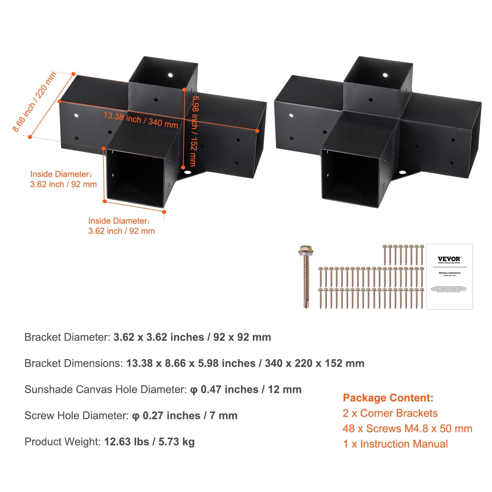 Pergola Bracket Kit 4x4 (3.6x3.6) 2pcs 4-Way Heavy Duty Corner Post Base