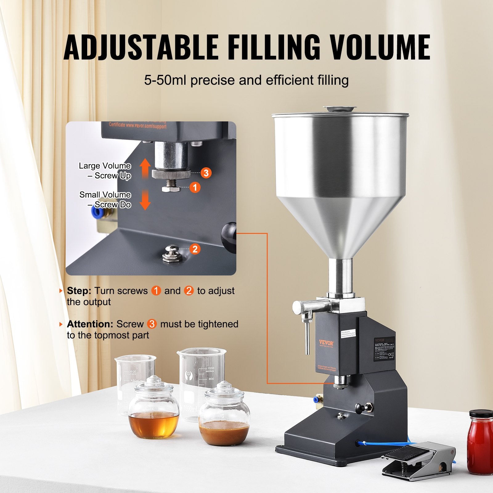 Pneumatic Paste Liquid Filling Machine 5-50ml Stainless Steel Filler w/ Pedal